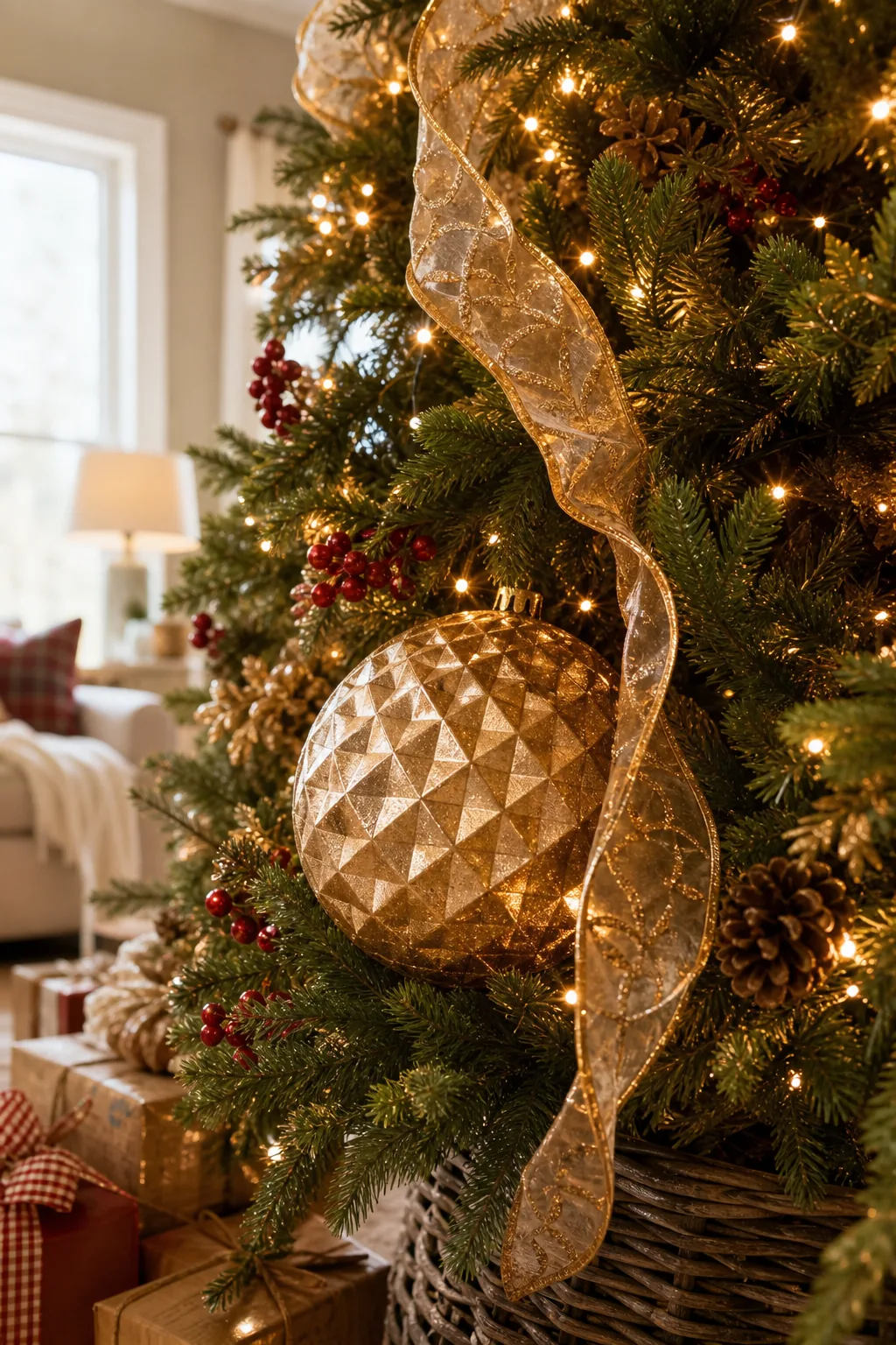 A massive textured gold ornament resting securely on thick lower branches of a Christmas tree.