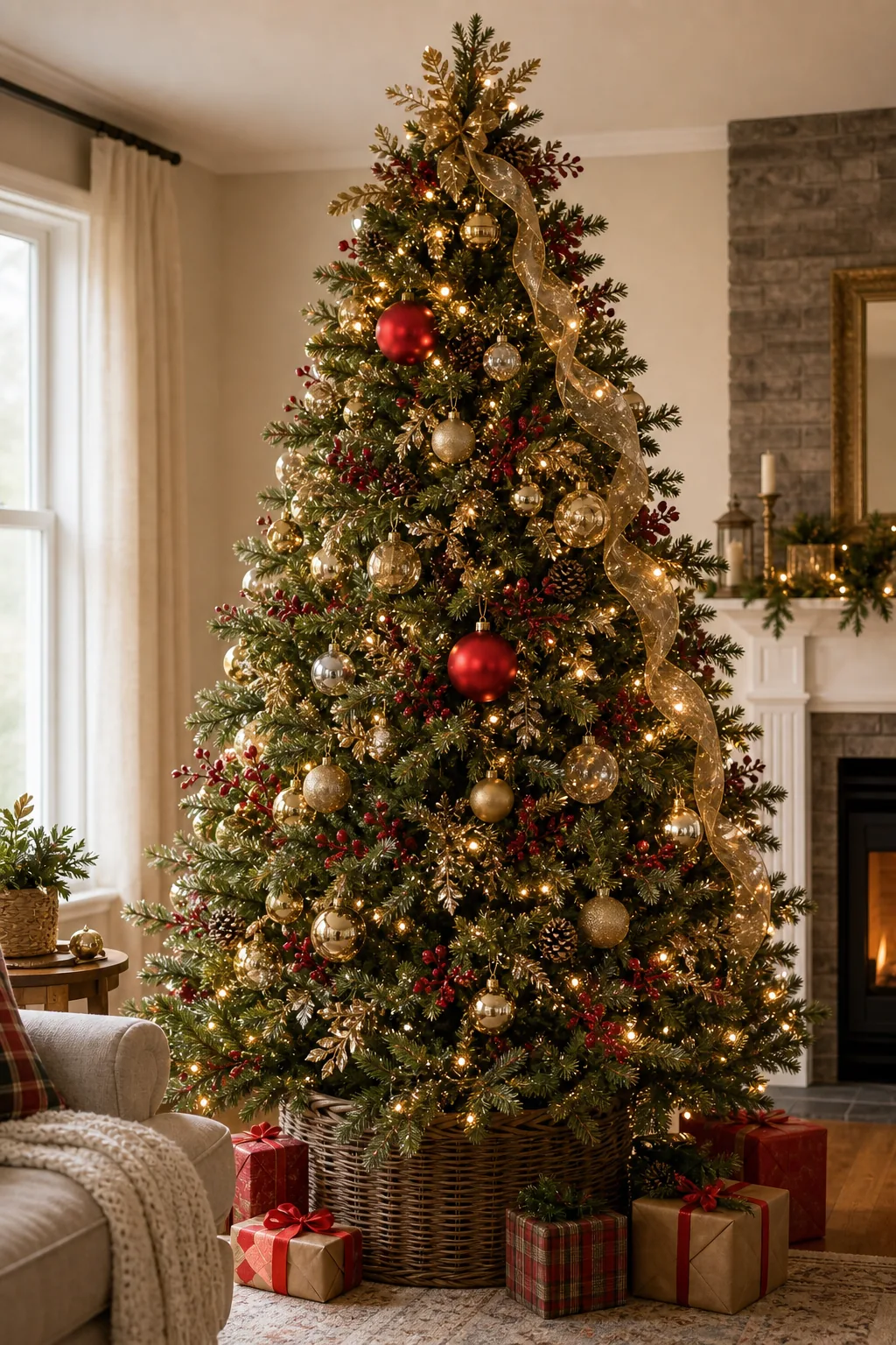 Three matching red ornaments spaced diagonally across the branches of a Christmas tree.