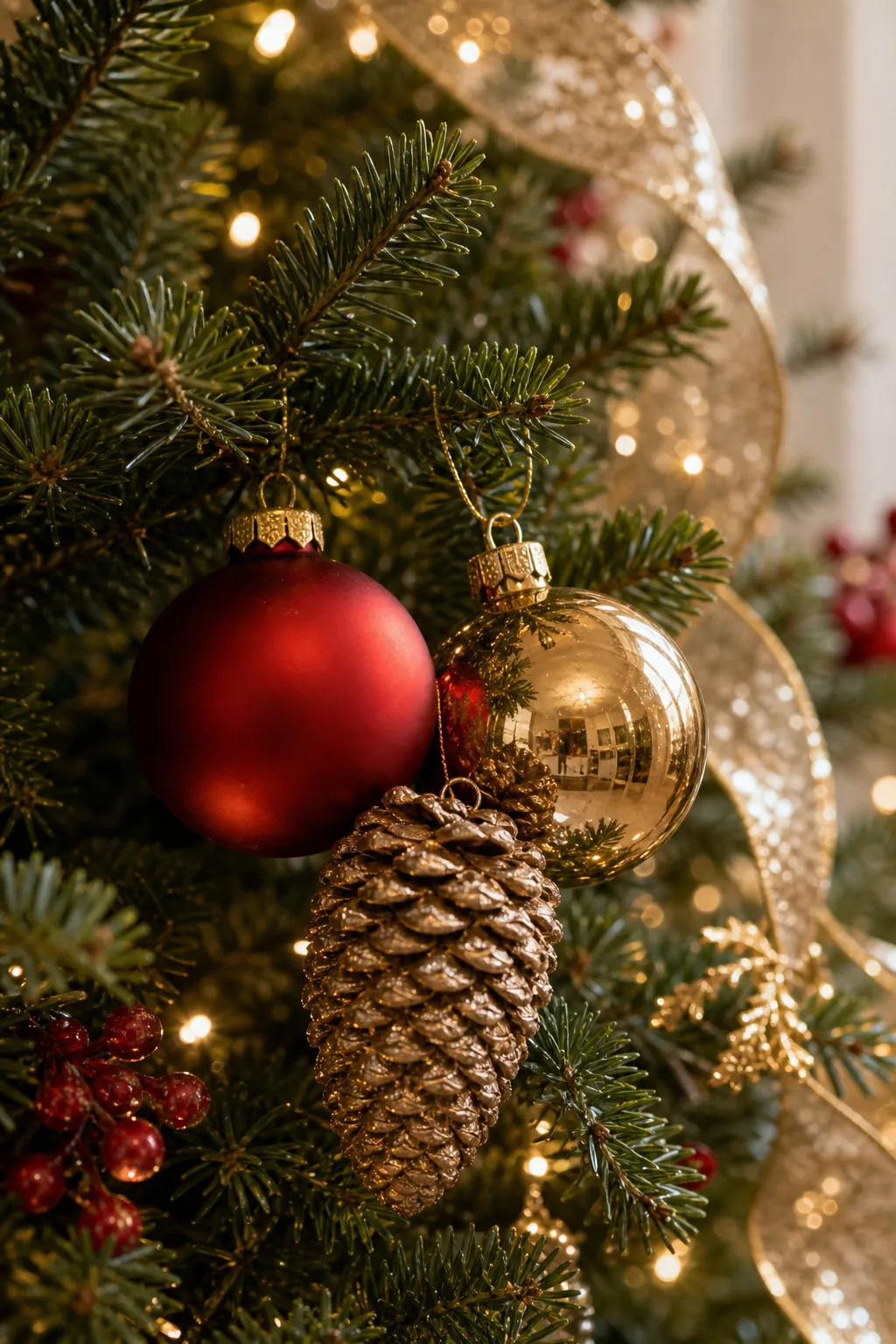 A cluster of three varied ornaments including matte red, shiny gold, and a pinecone.