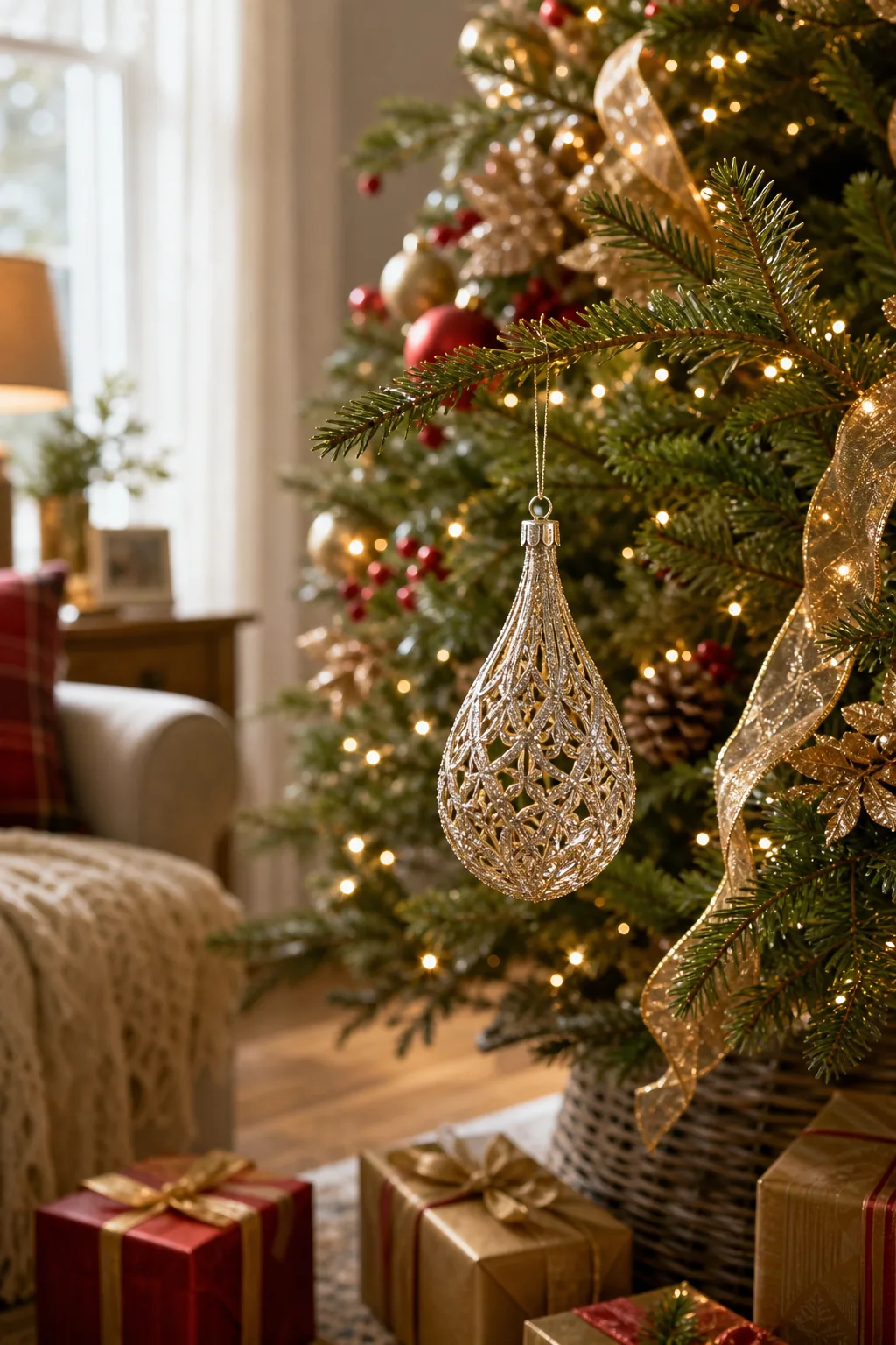 A delicate teardrop ornament hanging freely from the outer tip of a Christmas tree branch.