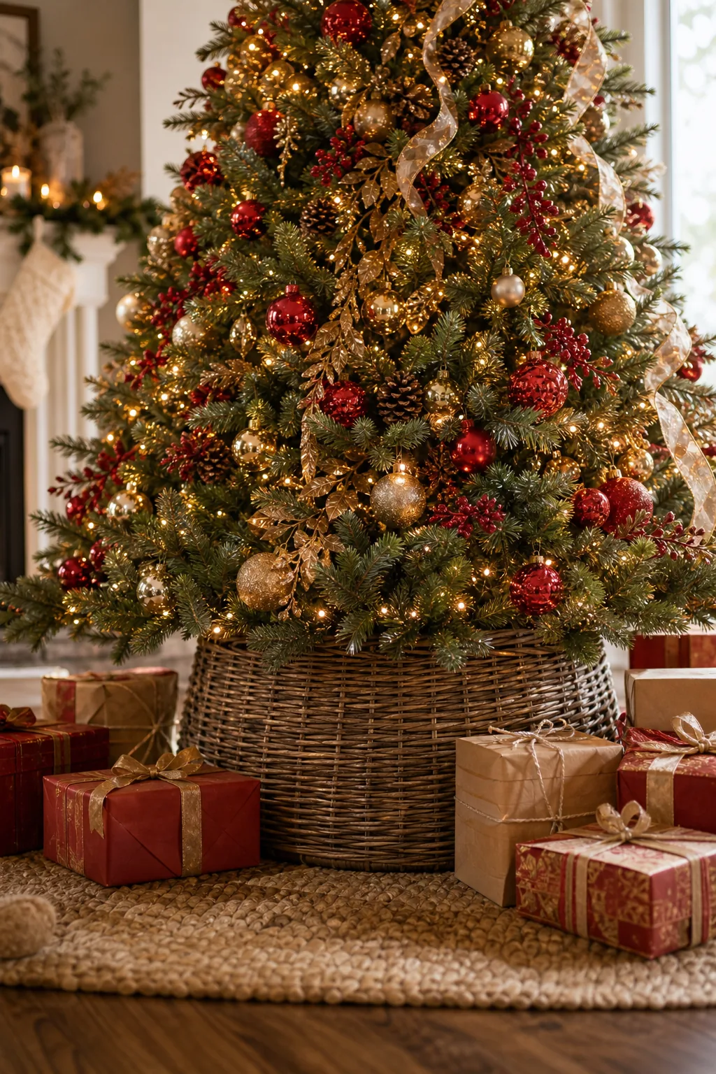 A woven rattan tree collar at the base of a Christmas tree surrounded by wrapped gifts.