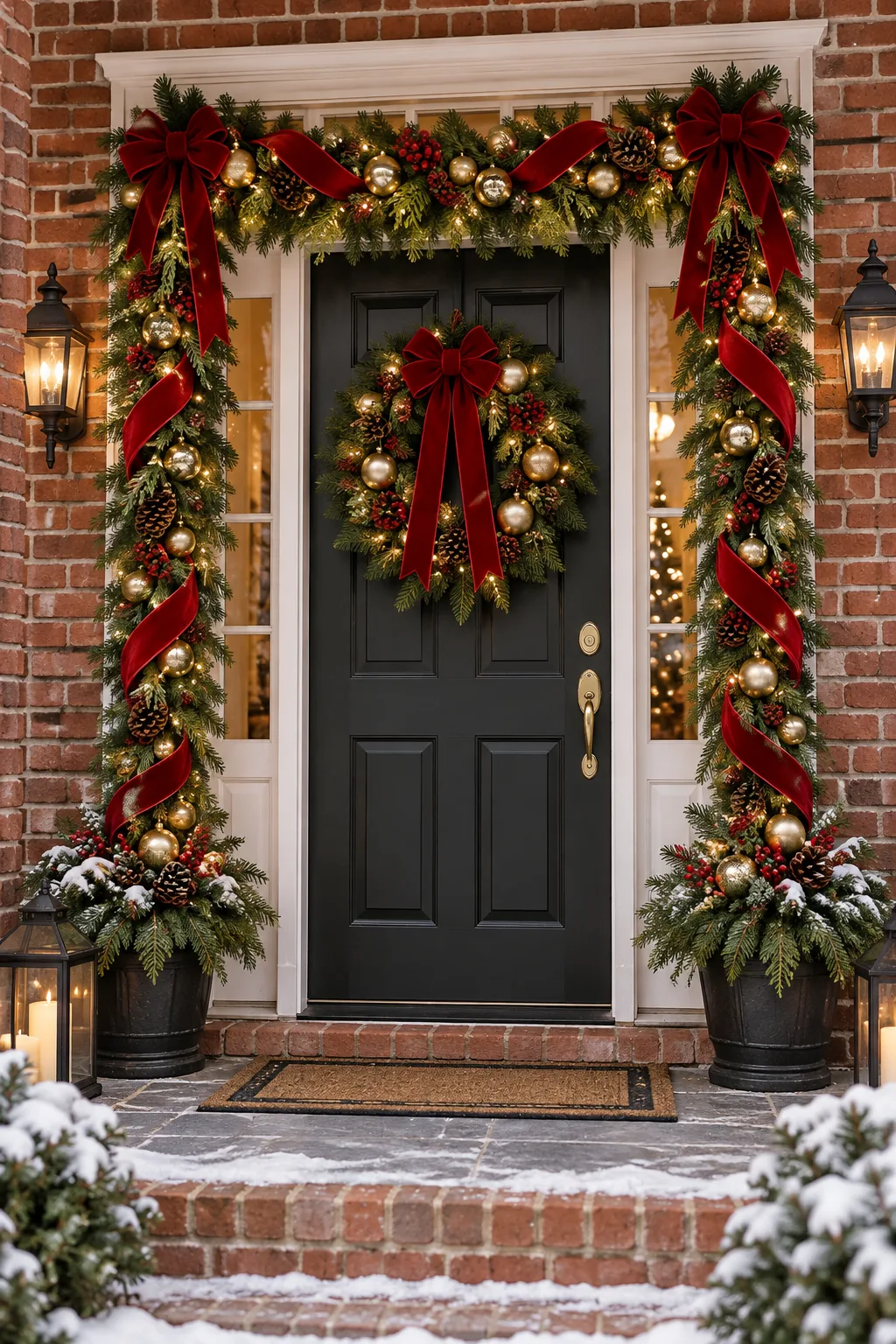 Classic traditional Christmas door garland with red velvet ribbons and gold ornaments on a brick house.