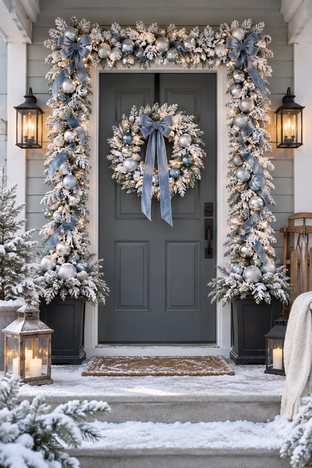Flocked white Christmas door garland with silver and icy blue decorations on a gray exterior.