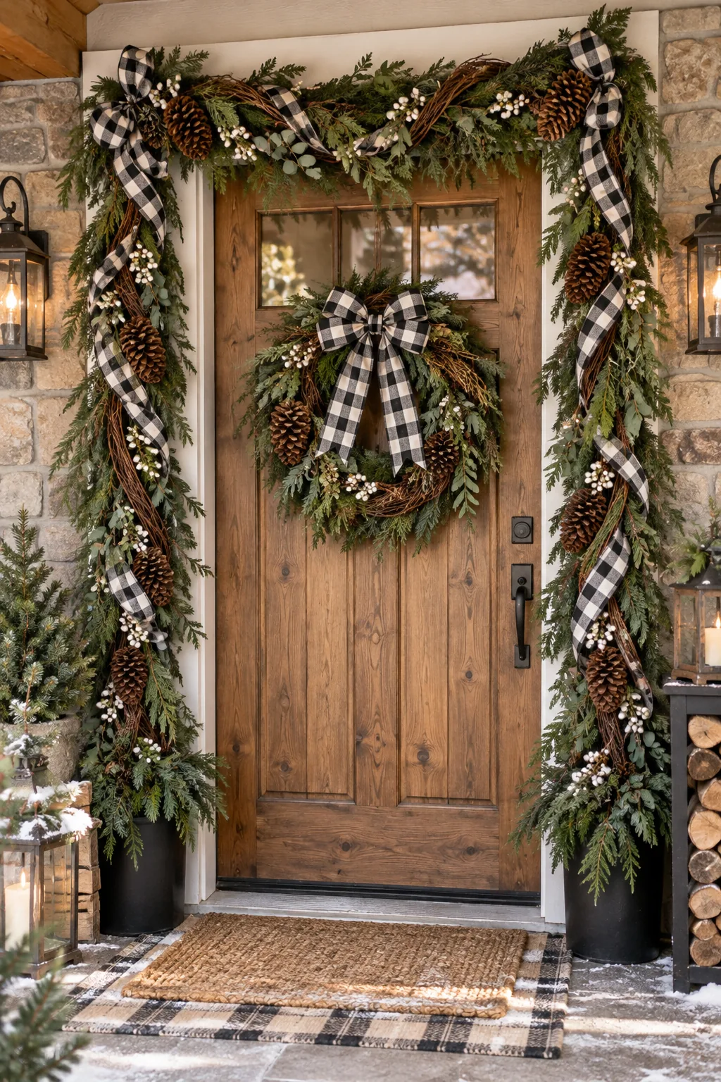 Rustic farmhouse Christmas garland with grapevine, pinecones, and plaid ribbon on a wood door.