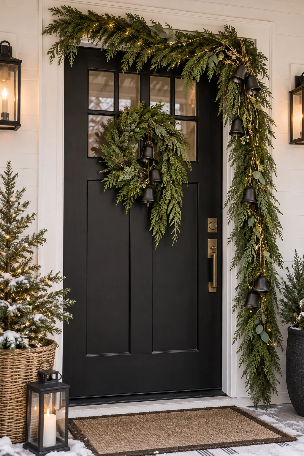Modern minimalist asymmetrical cedar garland with matte black bells on a black front door.