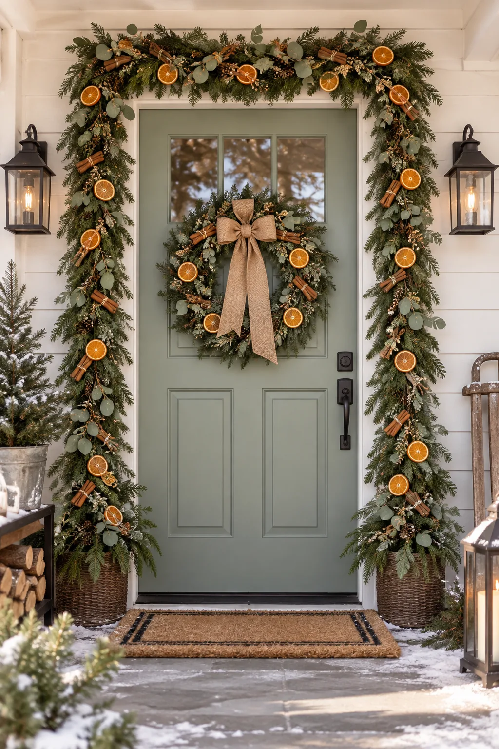 Citrus and spice Christmas garland with dried oranges and eucalyptus on a sage green door.