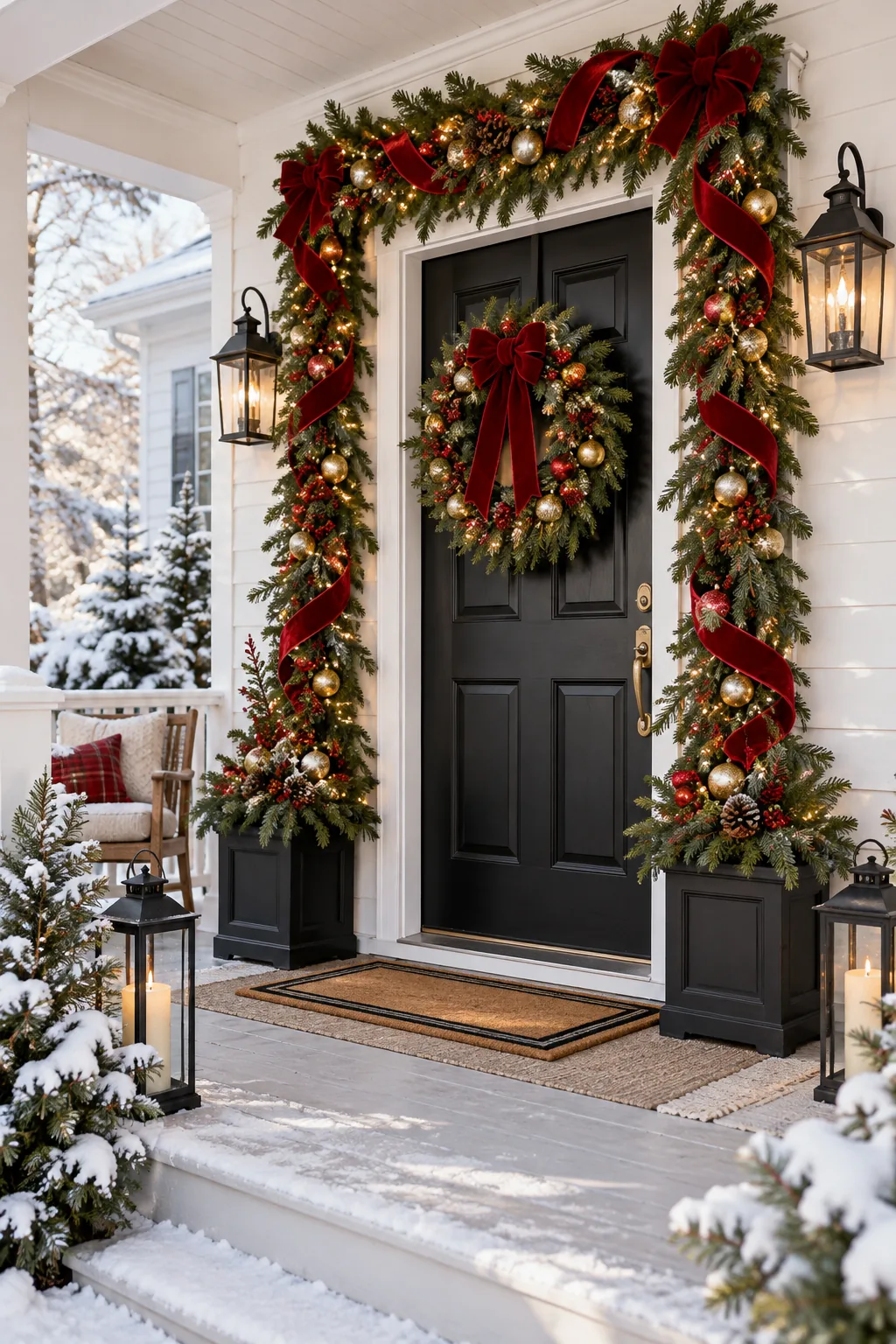 A fully decorated Christmas front porch featuring a thick garland and wreath on a pristine white door frame.