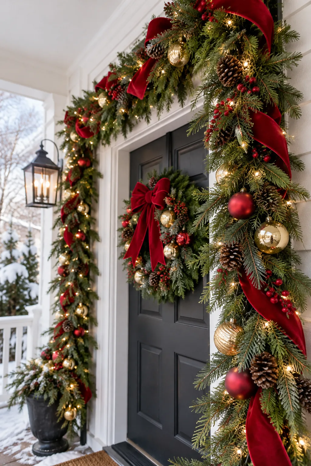 Close-up of a black tension rod wedged securely inside a white exterior door jamb holding a pine garland.
