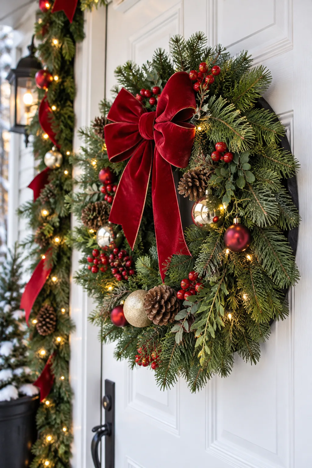 Elevated view of a thick Christmas garland showing a glimpse of black pipe insulation adding volume behind the pine.