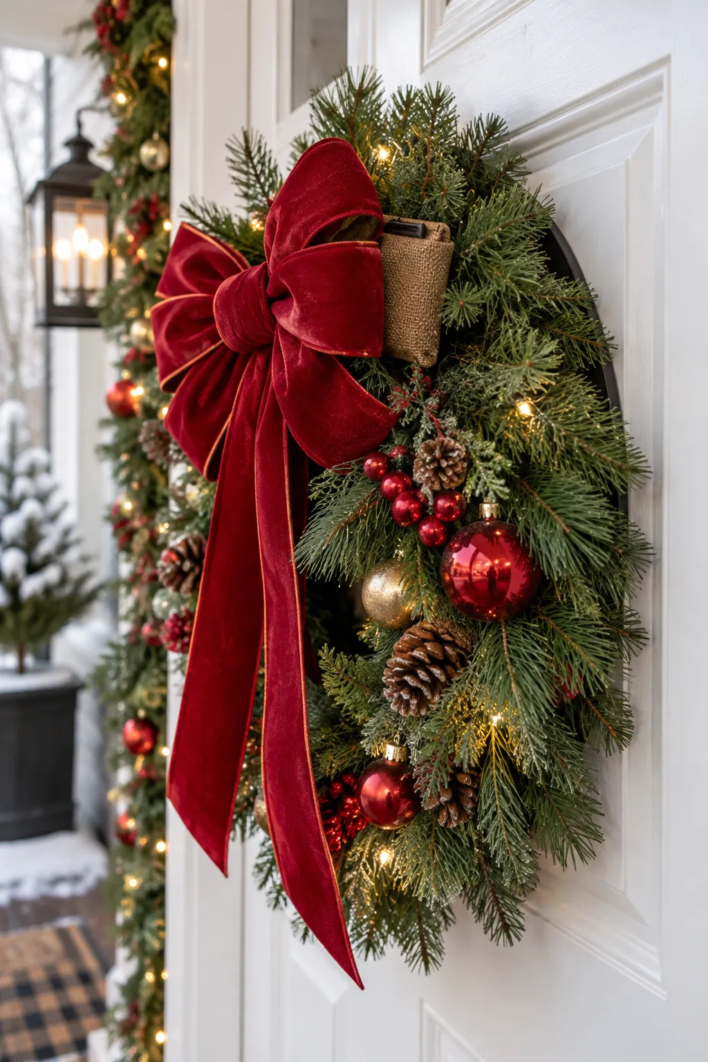 Side profile of a Christmas wreath on a white door, showing soft felt backing protecting the paint.