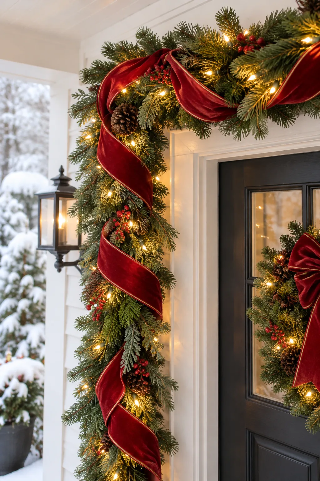 Floor-level view of a Christmas garland draped into heavy black planters on a snowy front porch.