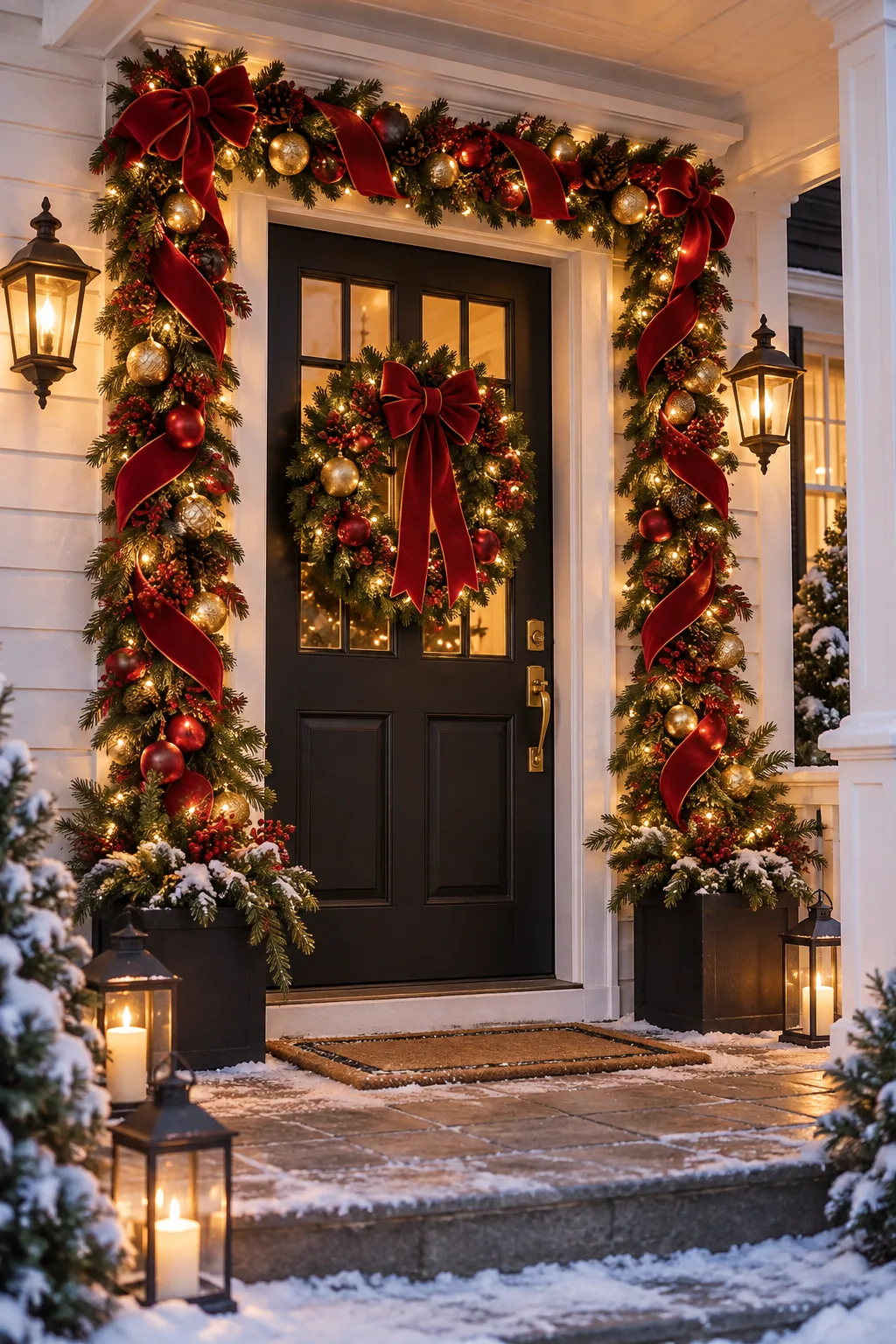 Upper corner of a door garland wrapped tightly in wide red velvet ribbon to conceal the structural frame.