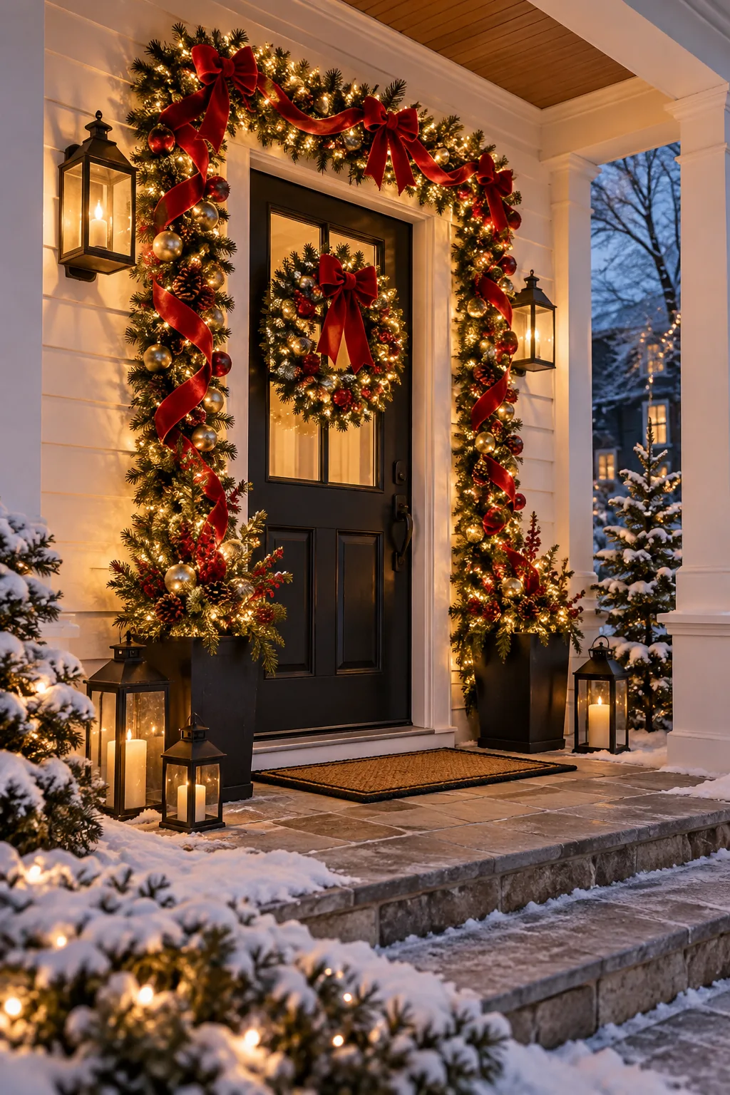 A warmly illuminated front porch at dusk featuring a perfectly stable, nail-free Christmas garland and wreath display.