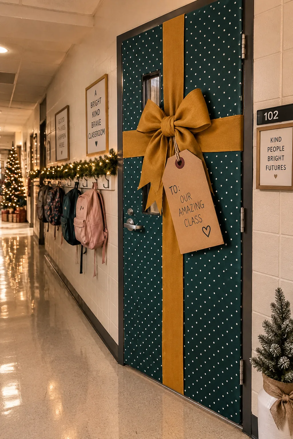 School door wrapped like a Christmas present with green paper and red ribbon