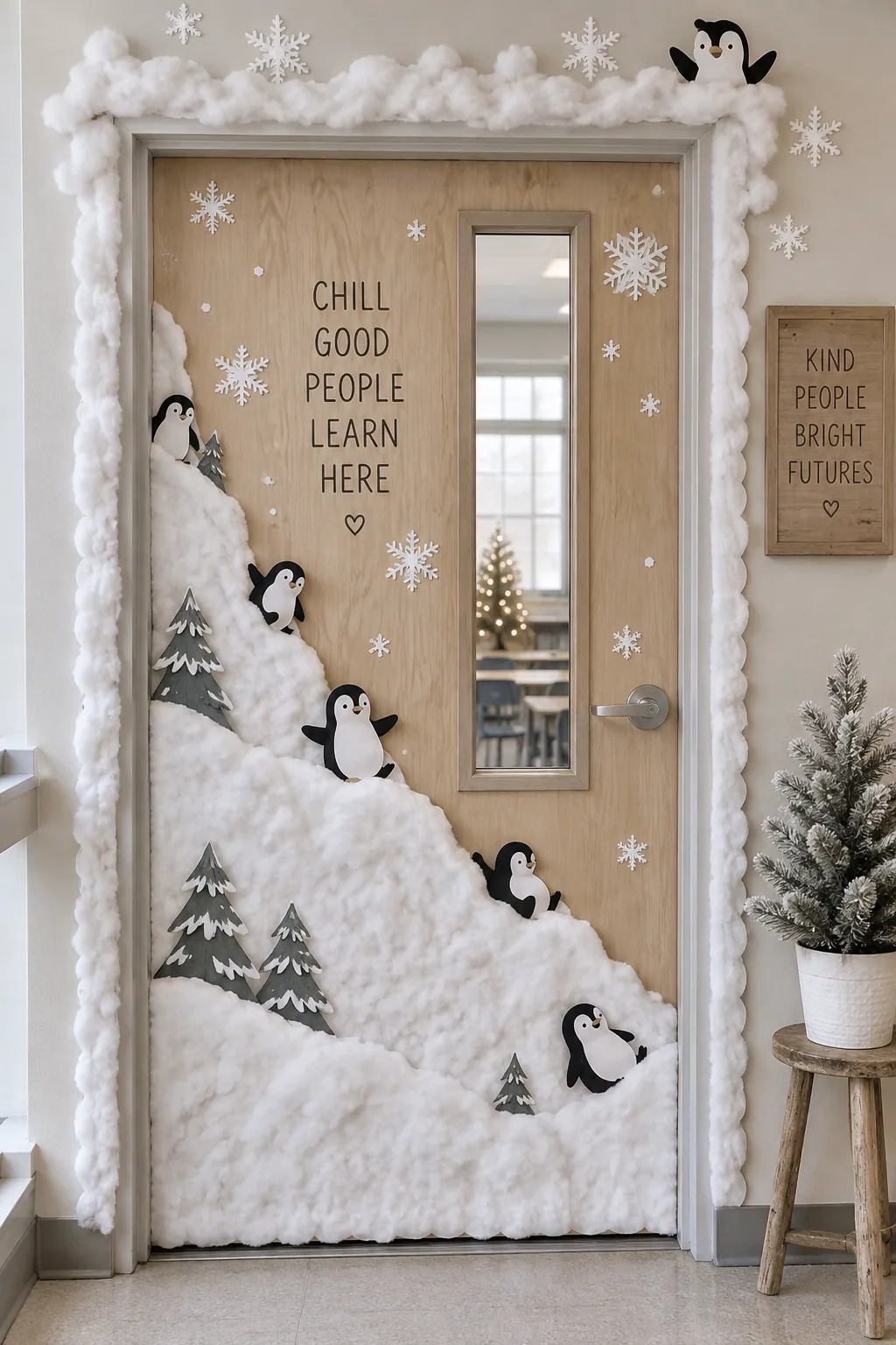 Classroom door decorated with 3D cotton batting snow and paper penguins