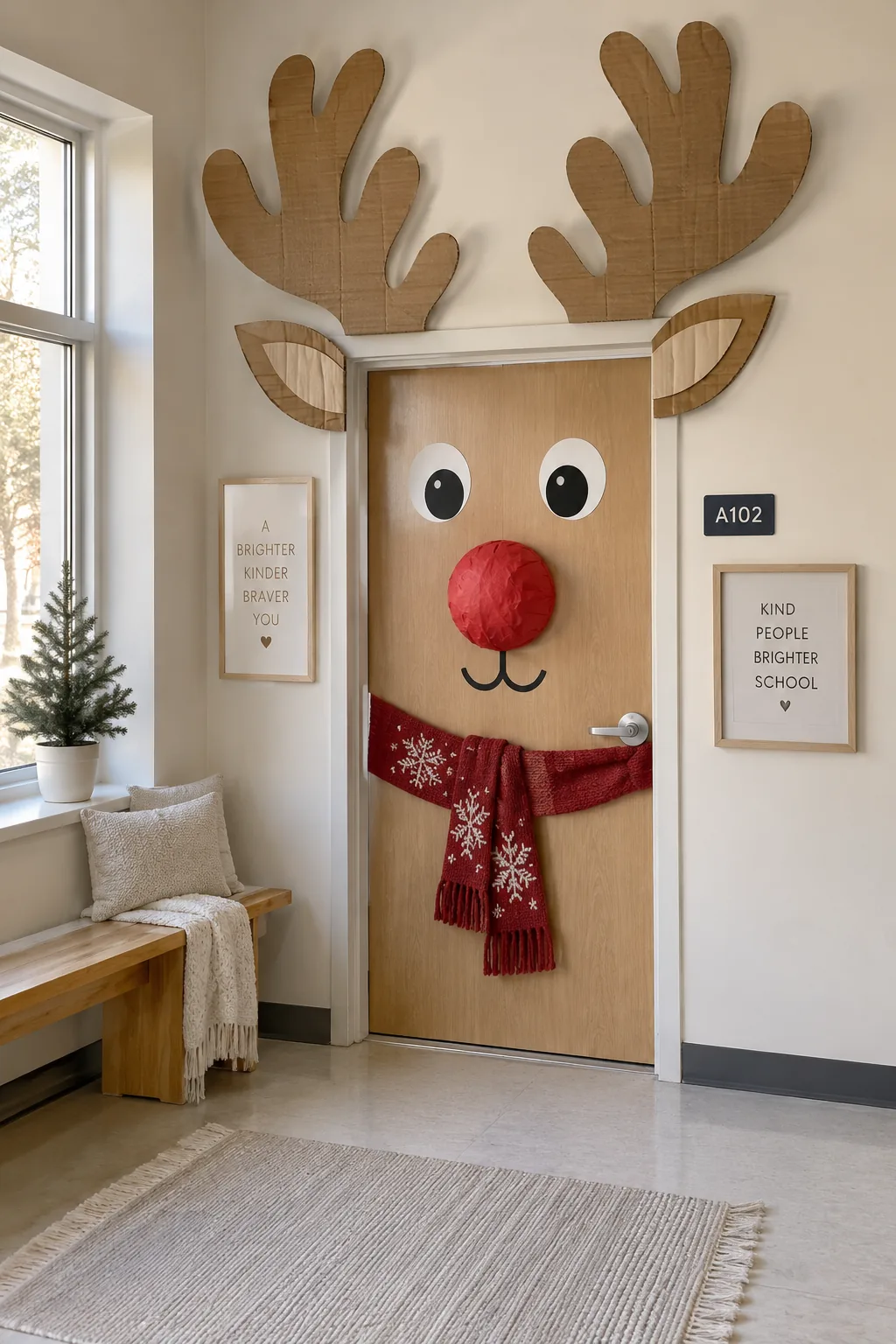 Classroom door decorated as a giant reindeer with cardboard antlers and a red nose