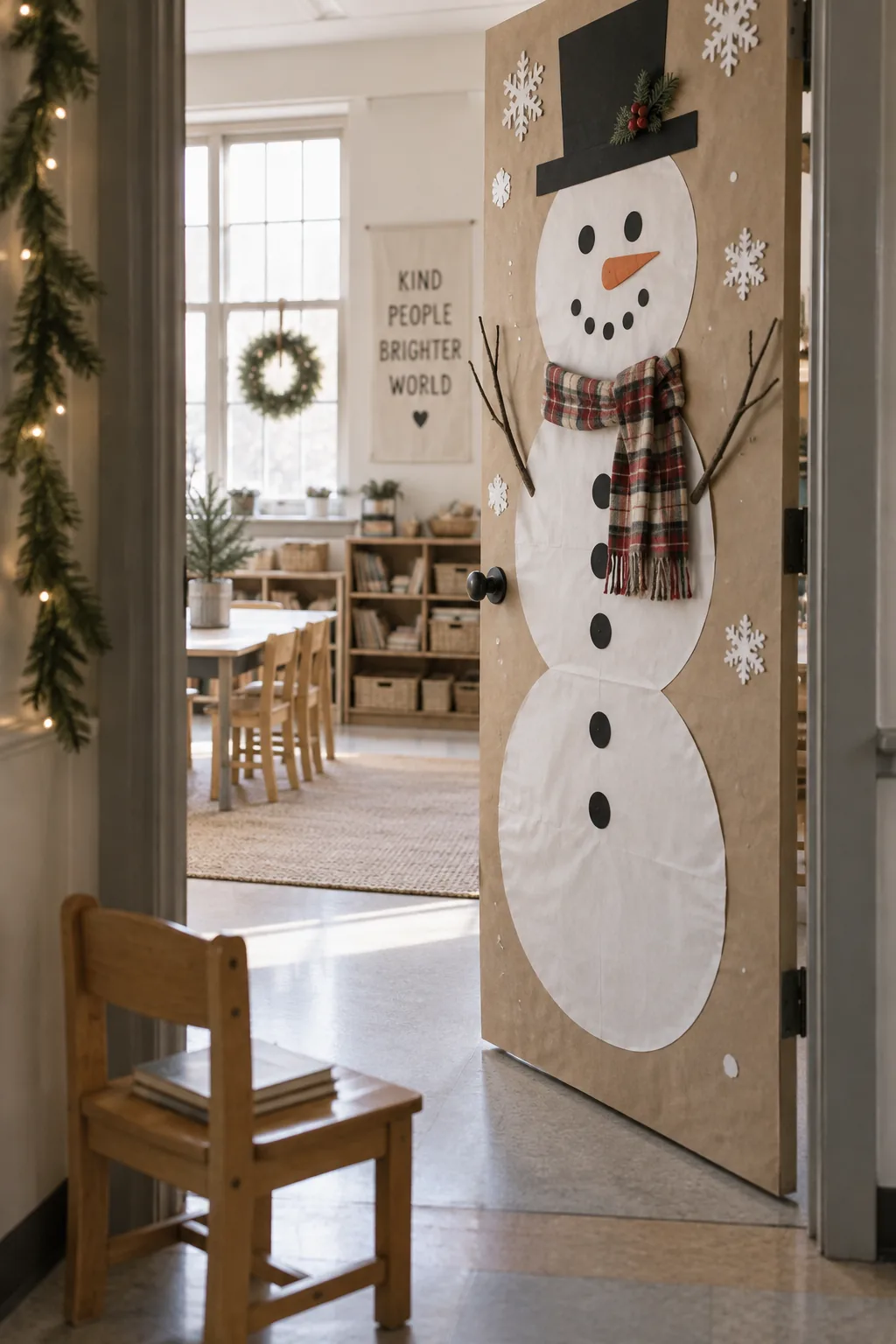 White craft paper snowman on a classroom door with a real fabric scarf