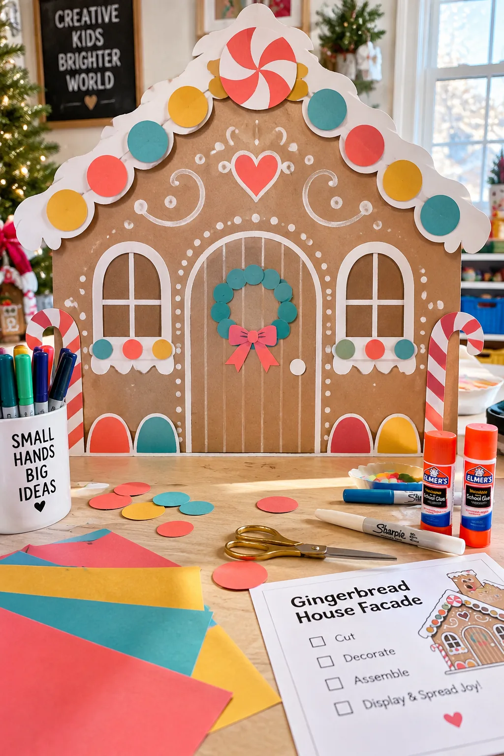 School door decorated like a gingerbread house with paper plate candies