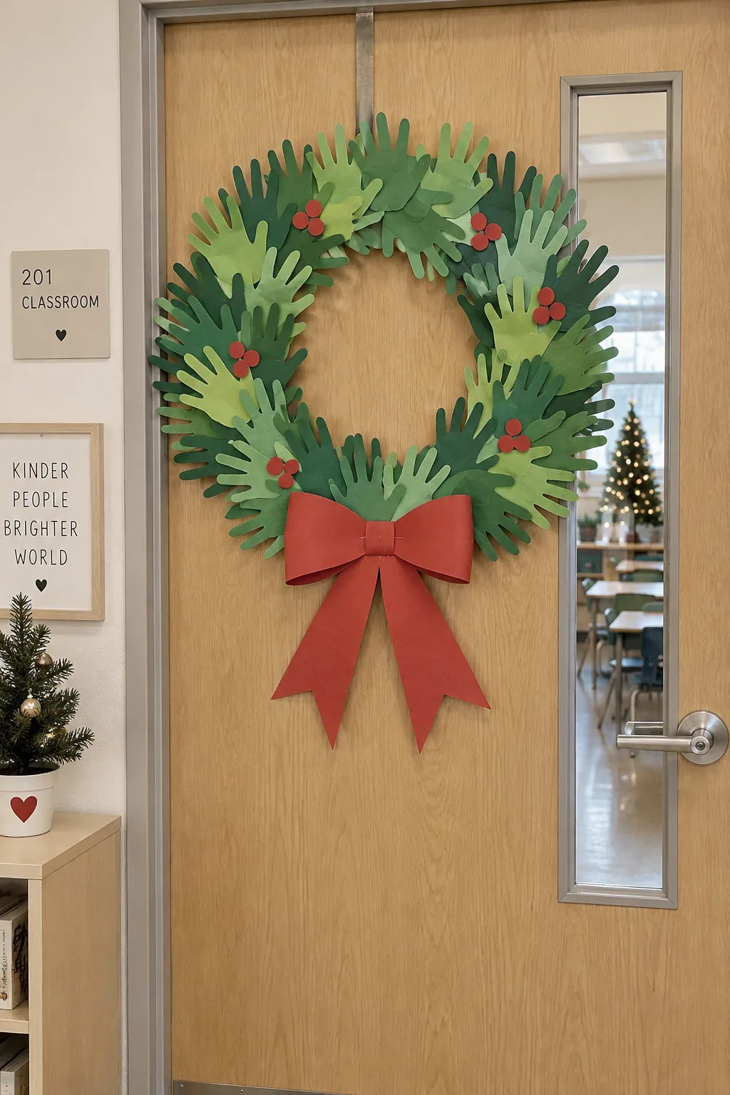 Classroom door featuring a large wreath made of green student handprints