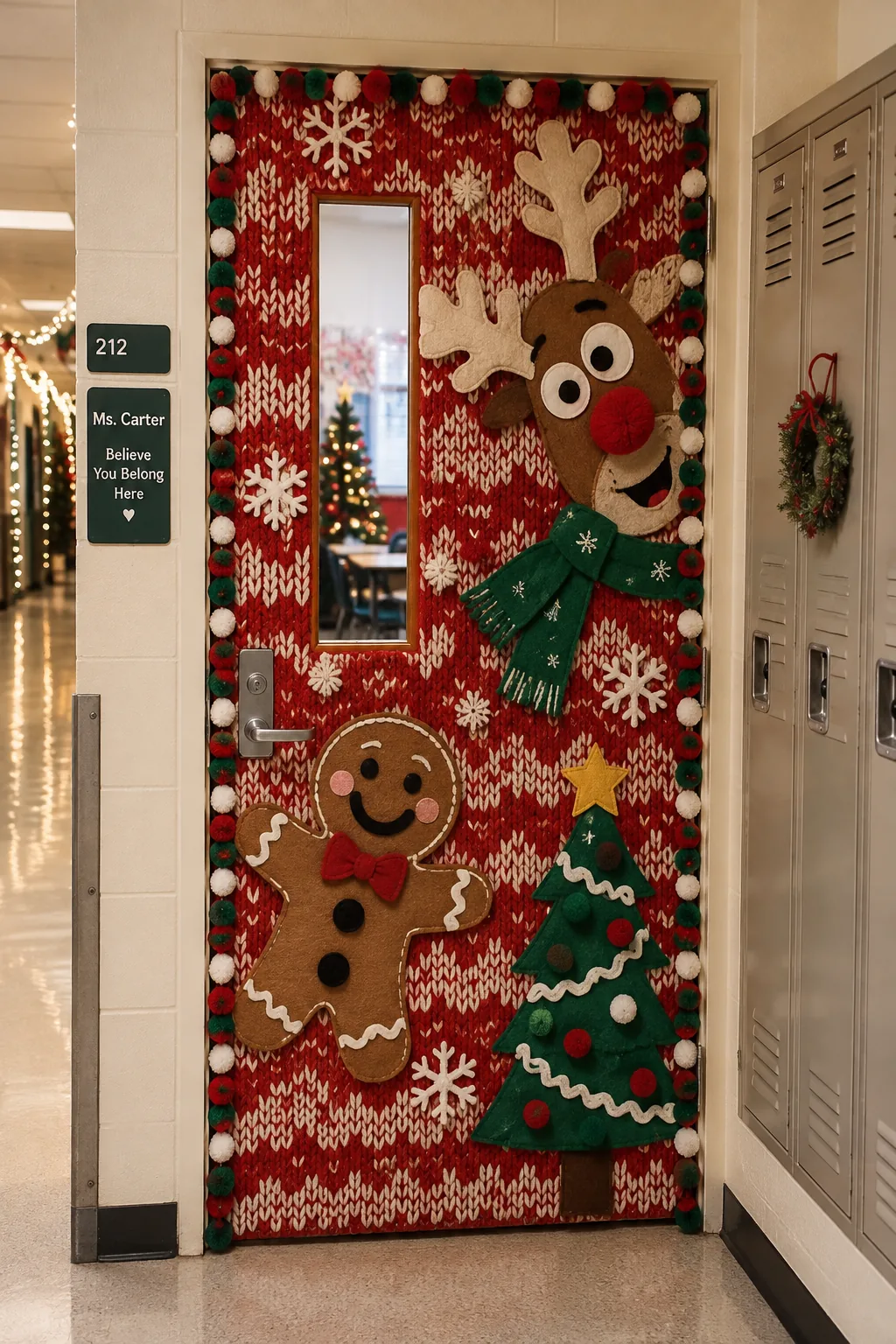 Humorous classroom door decorated to look like an ugly Christmas sweater