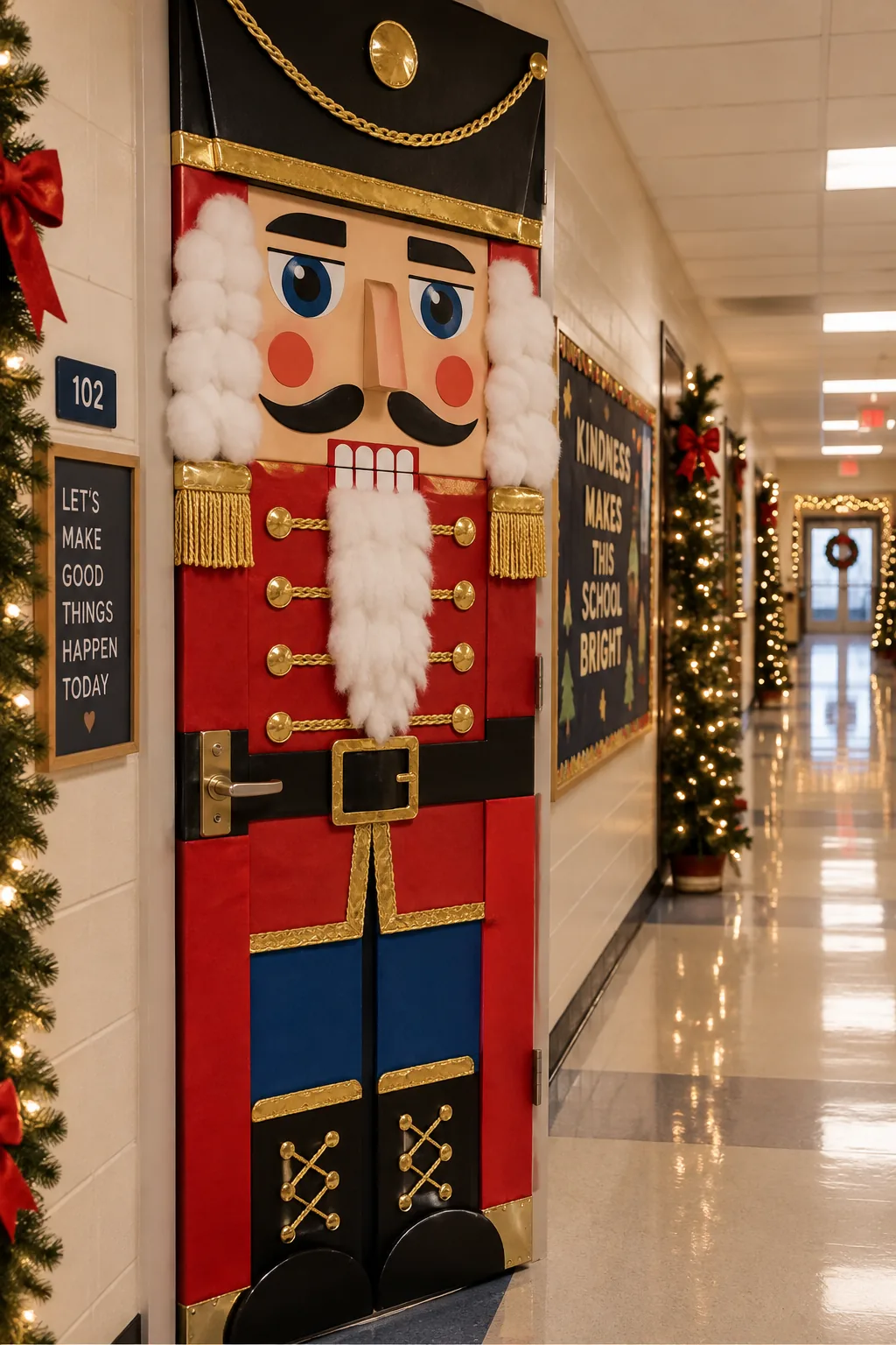 Classroom door decorated as a tall nutcracker with red and blue paper