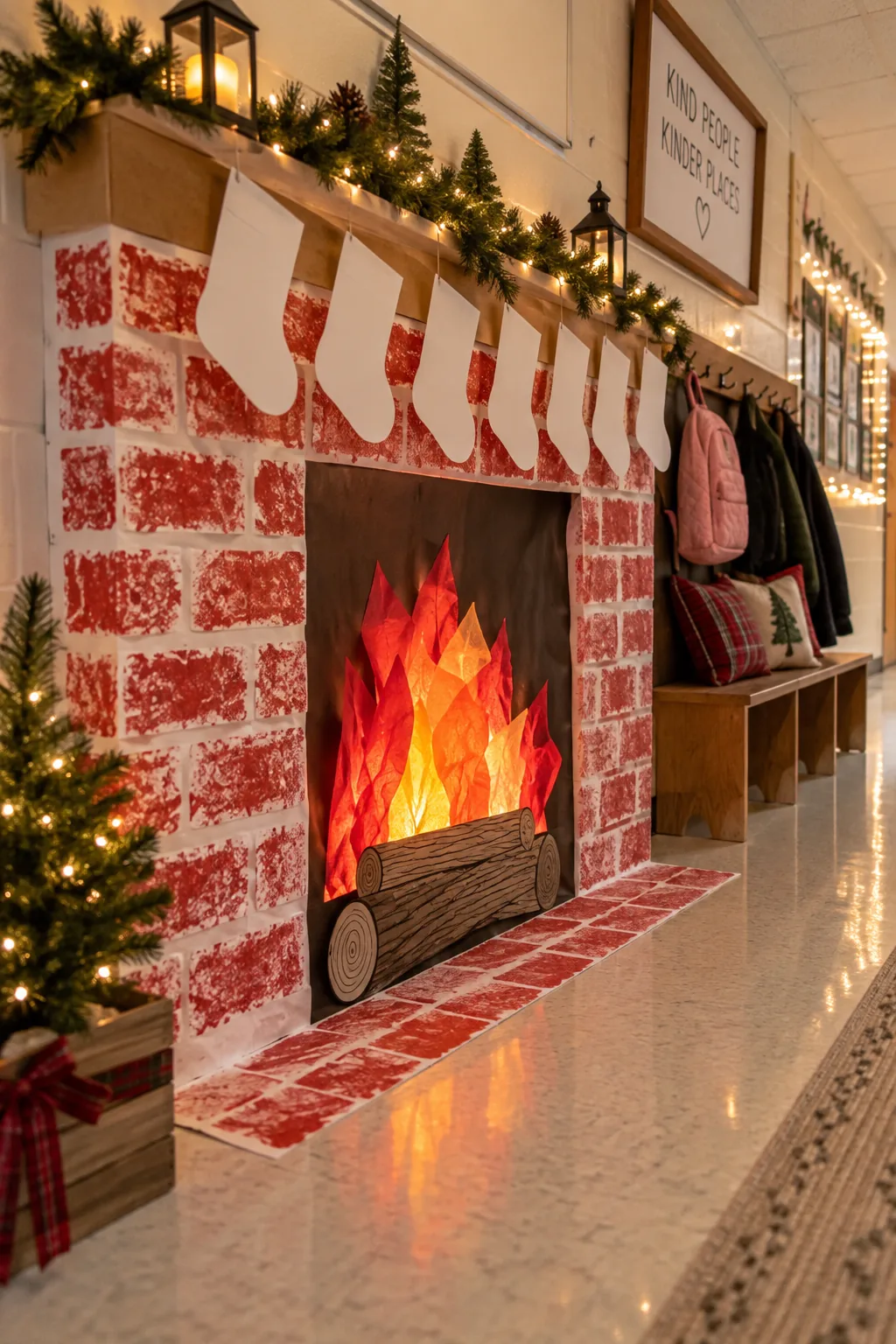 Classroom door painted like a brick fireplace with paper stockings hung across it
