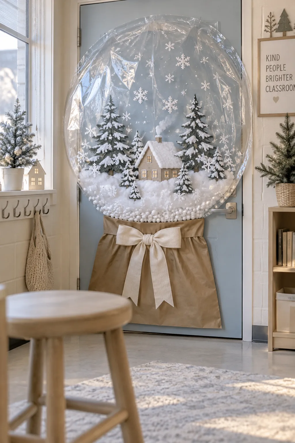 School door transformed into a snow globe using a clear plastic tablecloth and fake snow