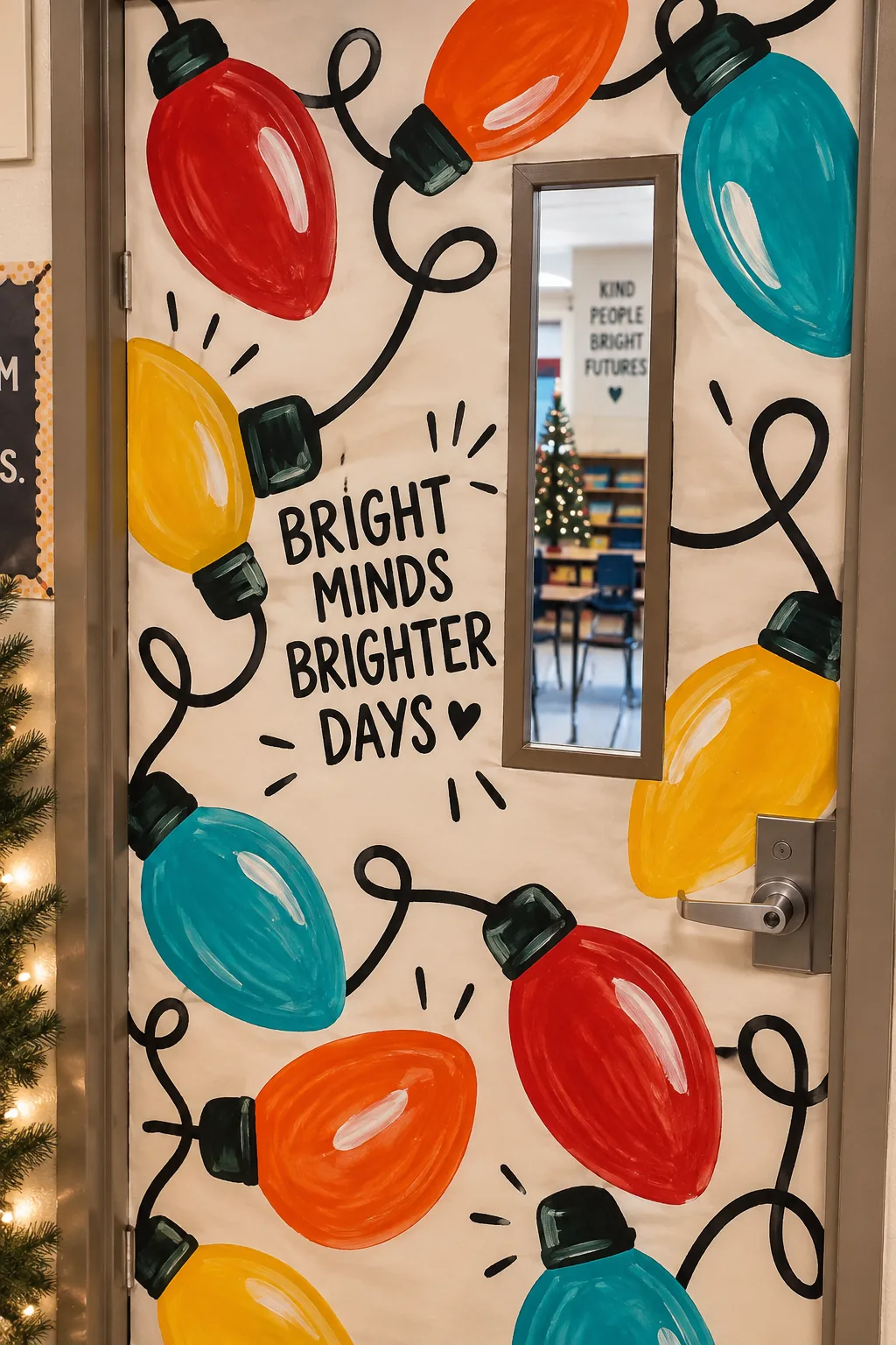Classroom door decorated with a drawn wire and painted giant retro Christmas lights