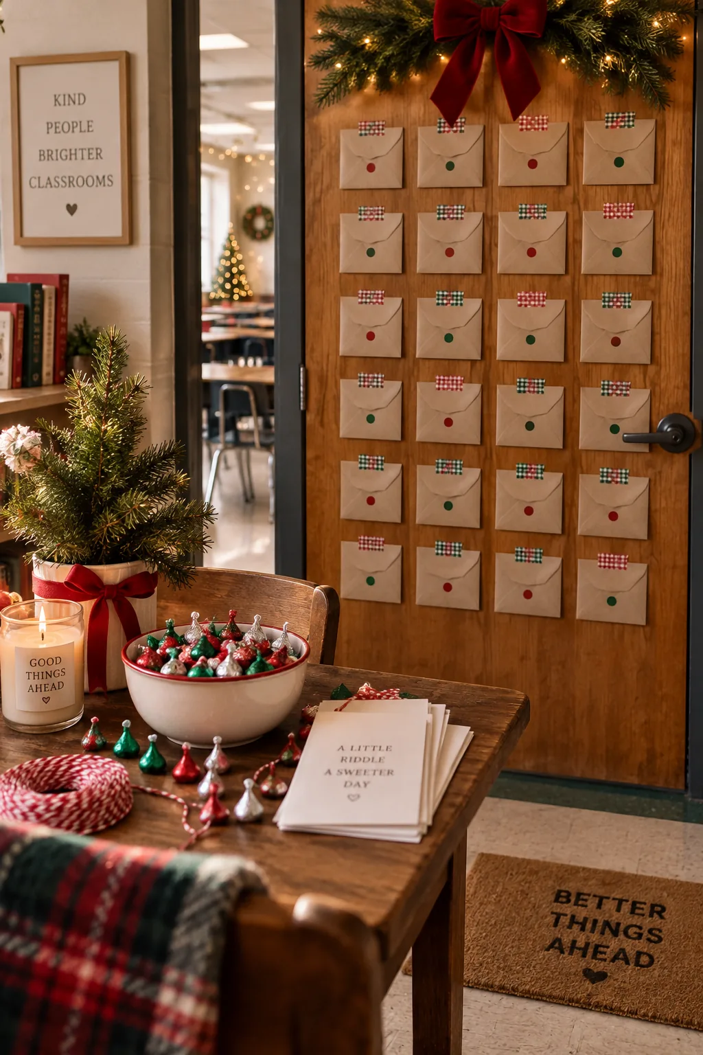 Classroom door covered in numbered envelopes forming a giant advent calendar