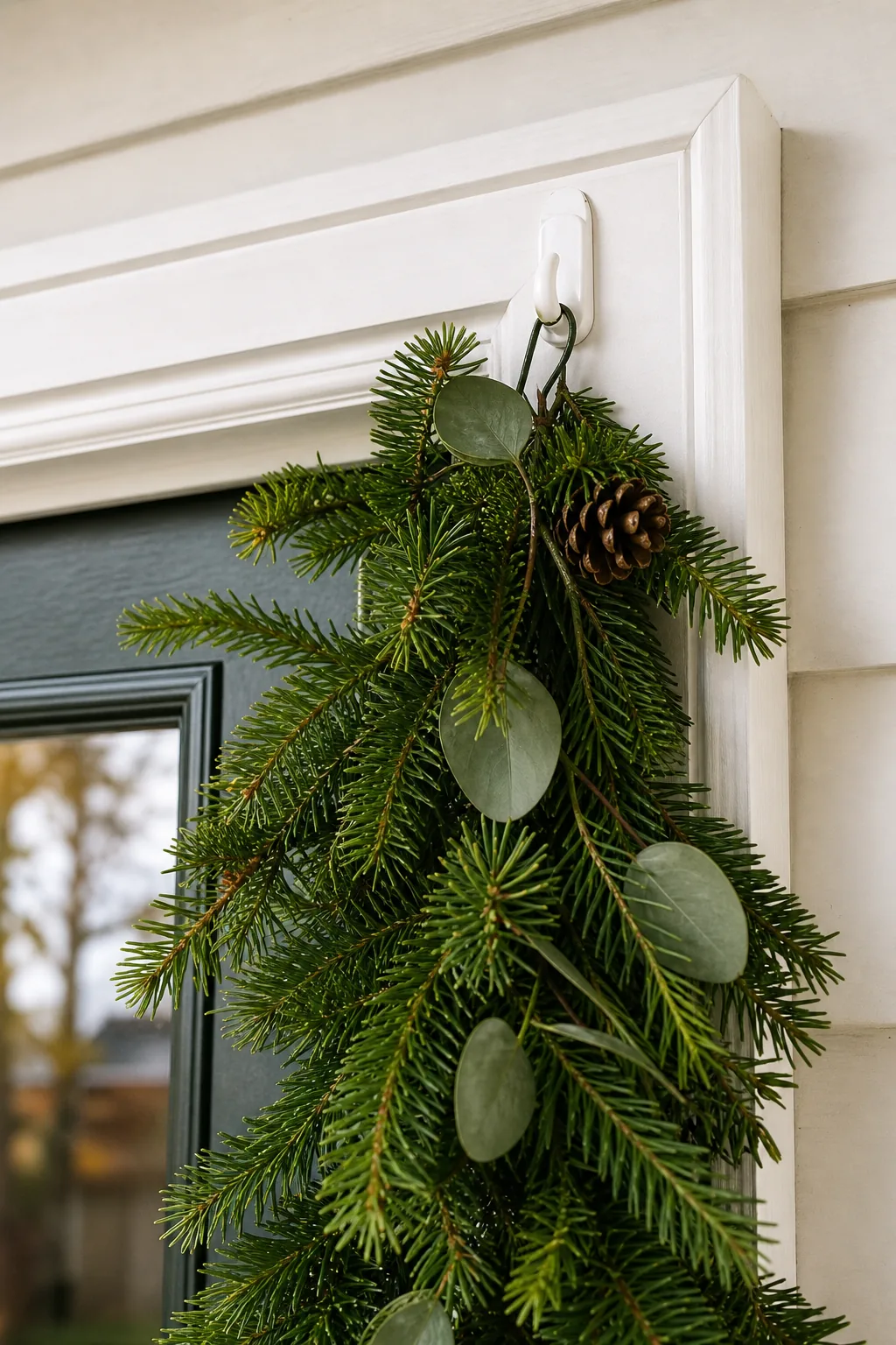 Close-up of an outdoor adhesive hook supporting a thick evergreen garland on a white door frame.