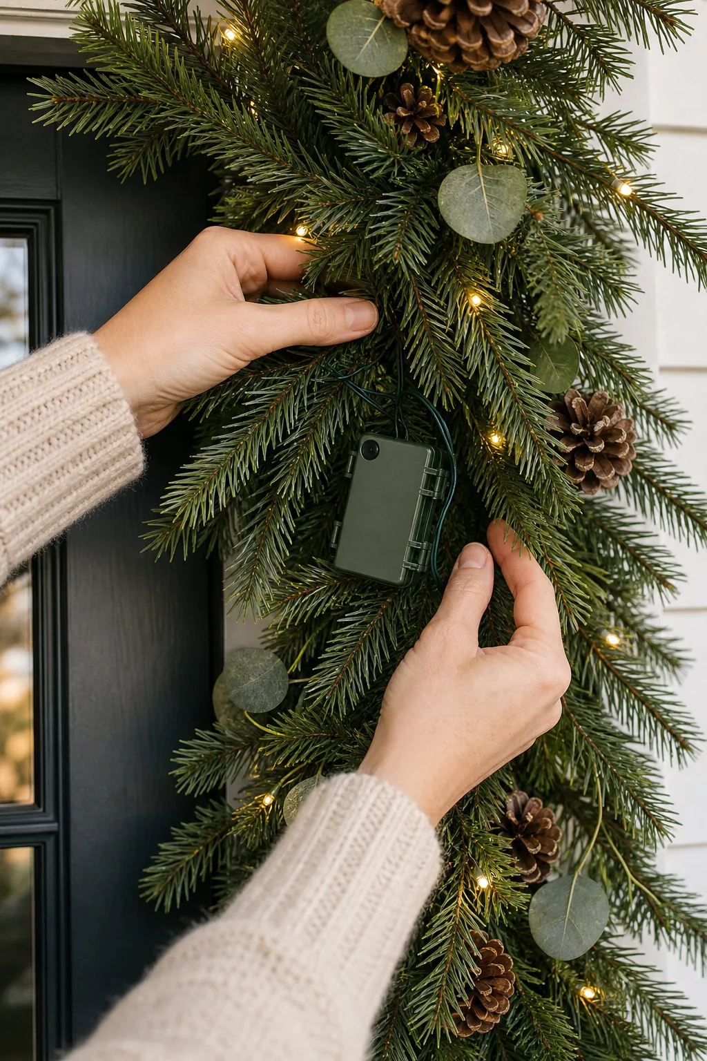 Hands tucking a small green battery box into a thick section of pine garland.