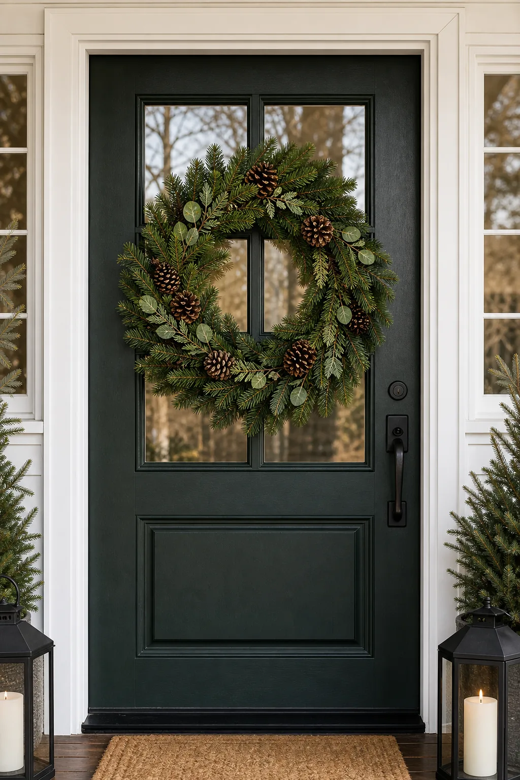 A perfectly proportioned evergreen wreath hanging centrally on a dark green front door.