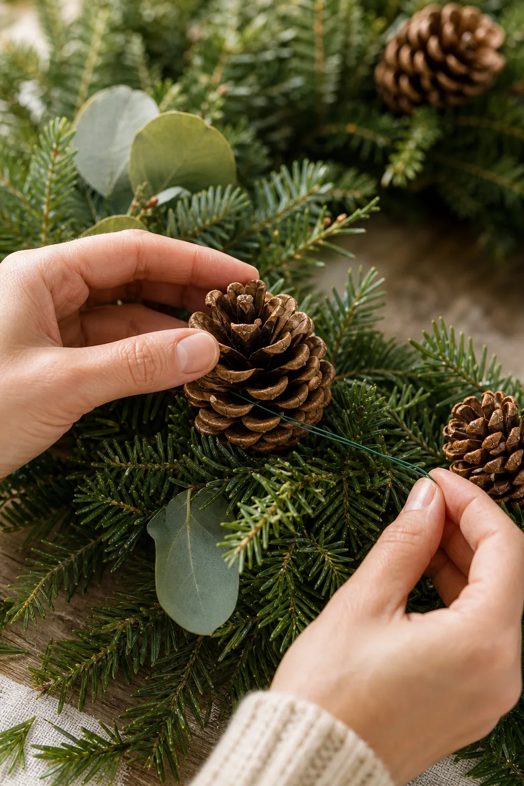 Close-up of natural pine cones nestled into artificial evergreen branches.