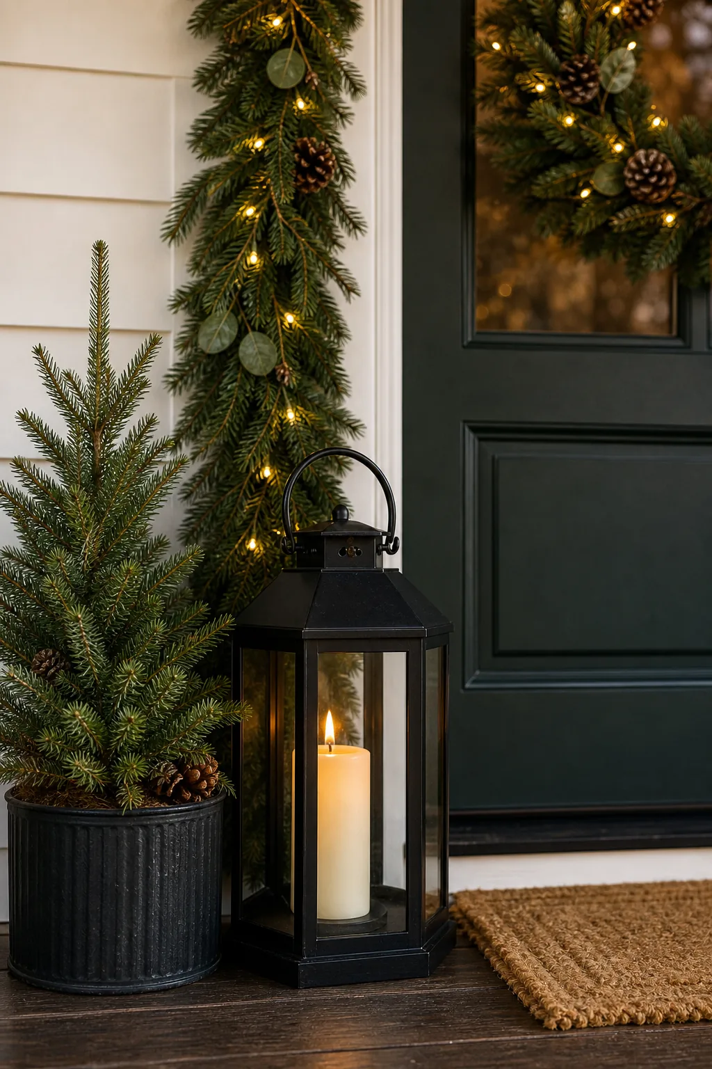A black metal floor lantern and a small potted pine tree sitting on a porch.