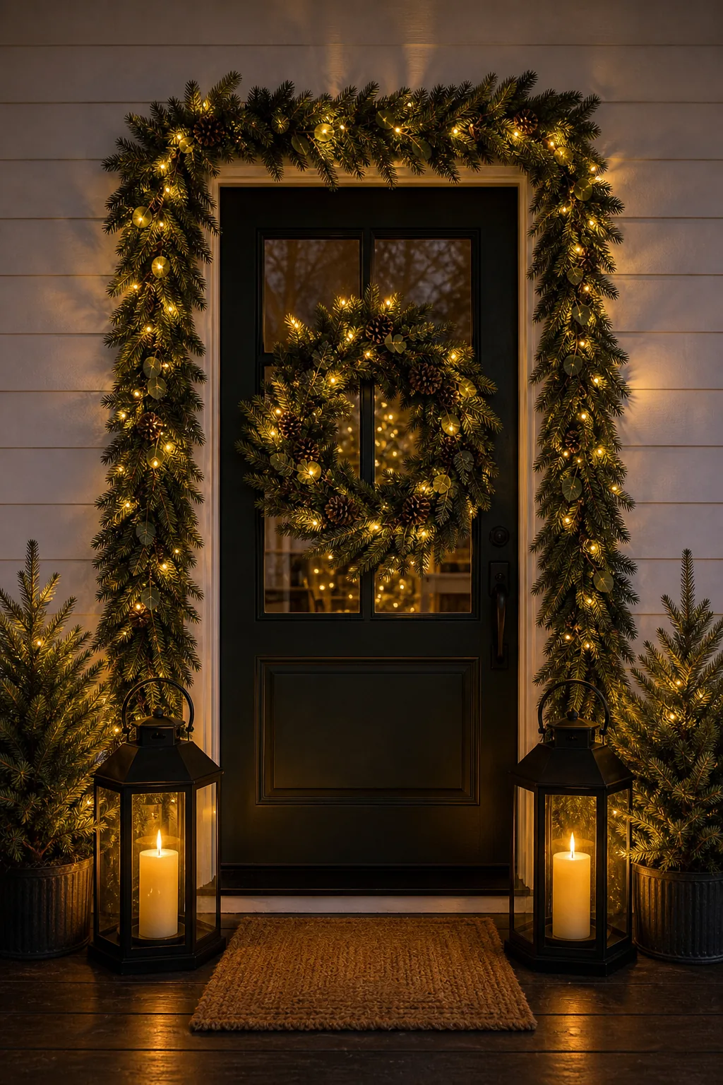Warm white fairy lights in a wreath matching the glow of a lantern candle below.