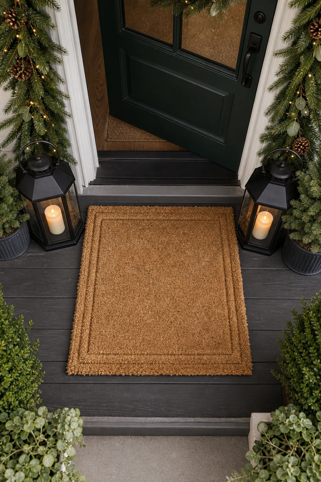 A natural coir doormat centered on a dark porch between two black lanterns.
