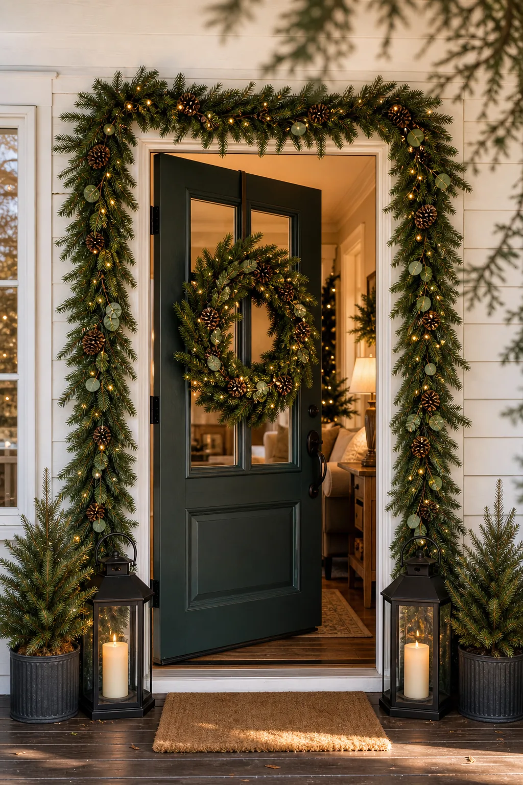 Angled view of a fully decorated Christmas front door with garland, wreath, and floor lanterns.
