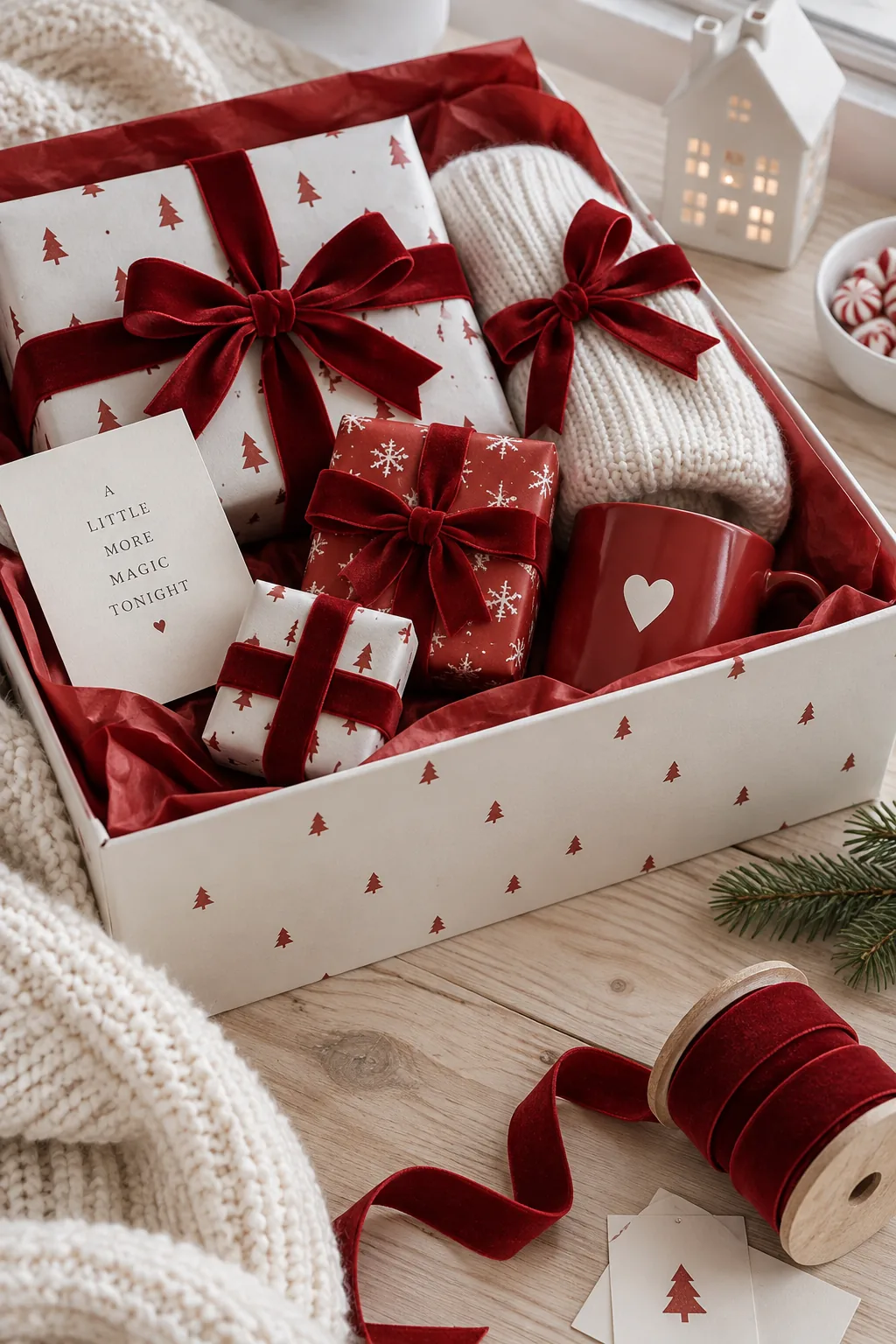 Red and white themed Christmas Eve box with velvet ribbons