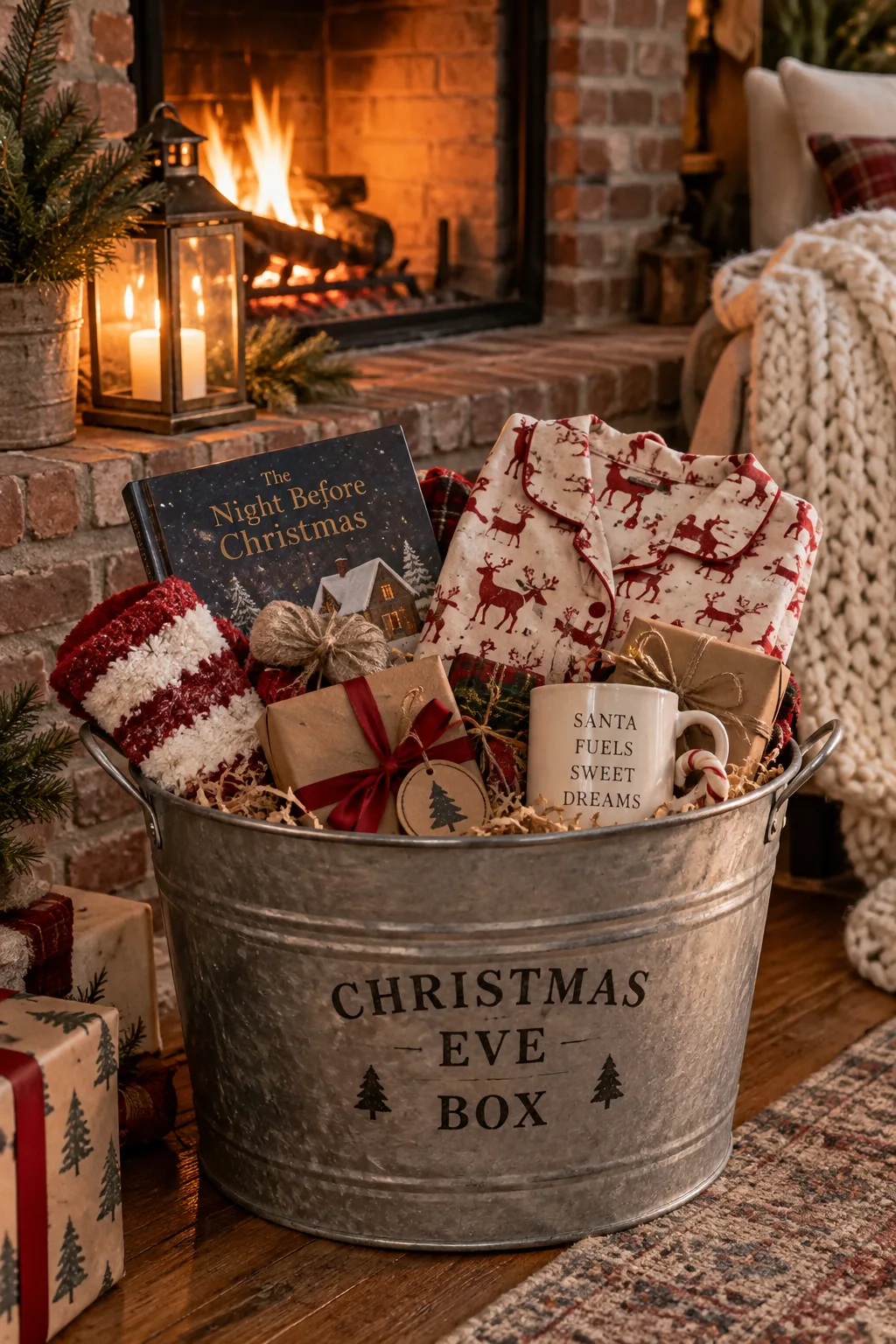 Galvanized metal bucket filled with faux snow and gifts