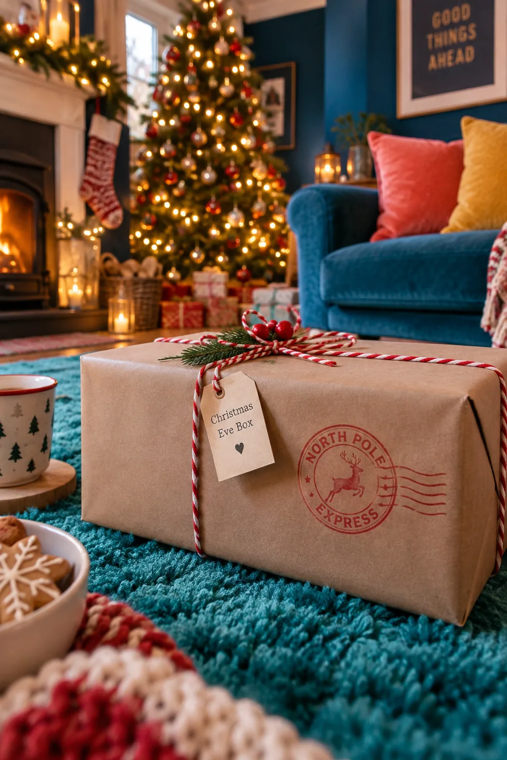 Cardboard box wrapped in kraft paper with a North Pole stamp