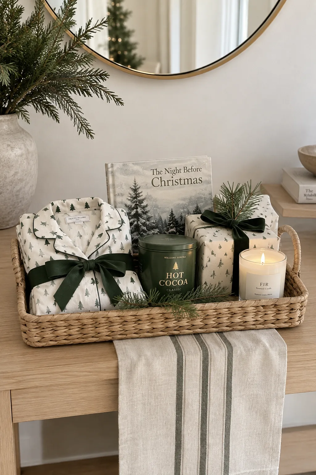 Shallow woven basket tray holding perfectly stacked holiday items