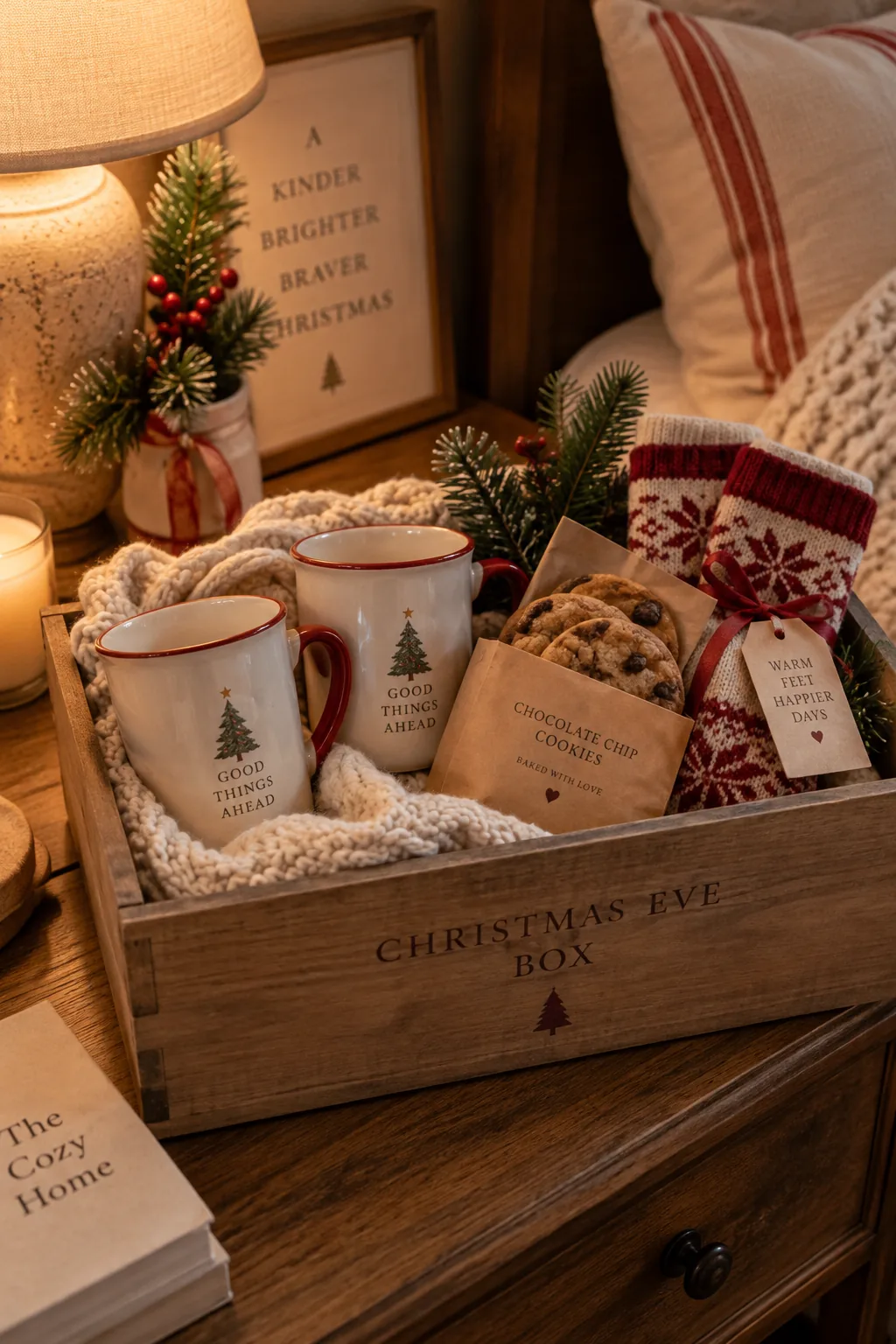 Wooden crate with two Santa mugs and a chunky knit scarf