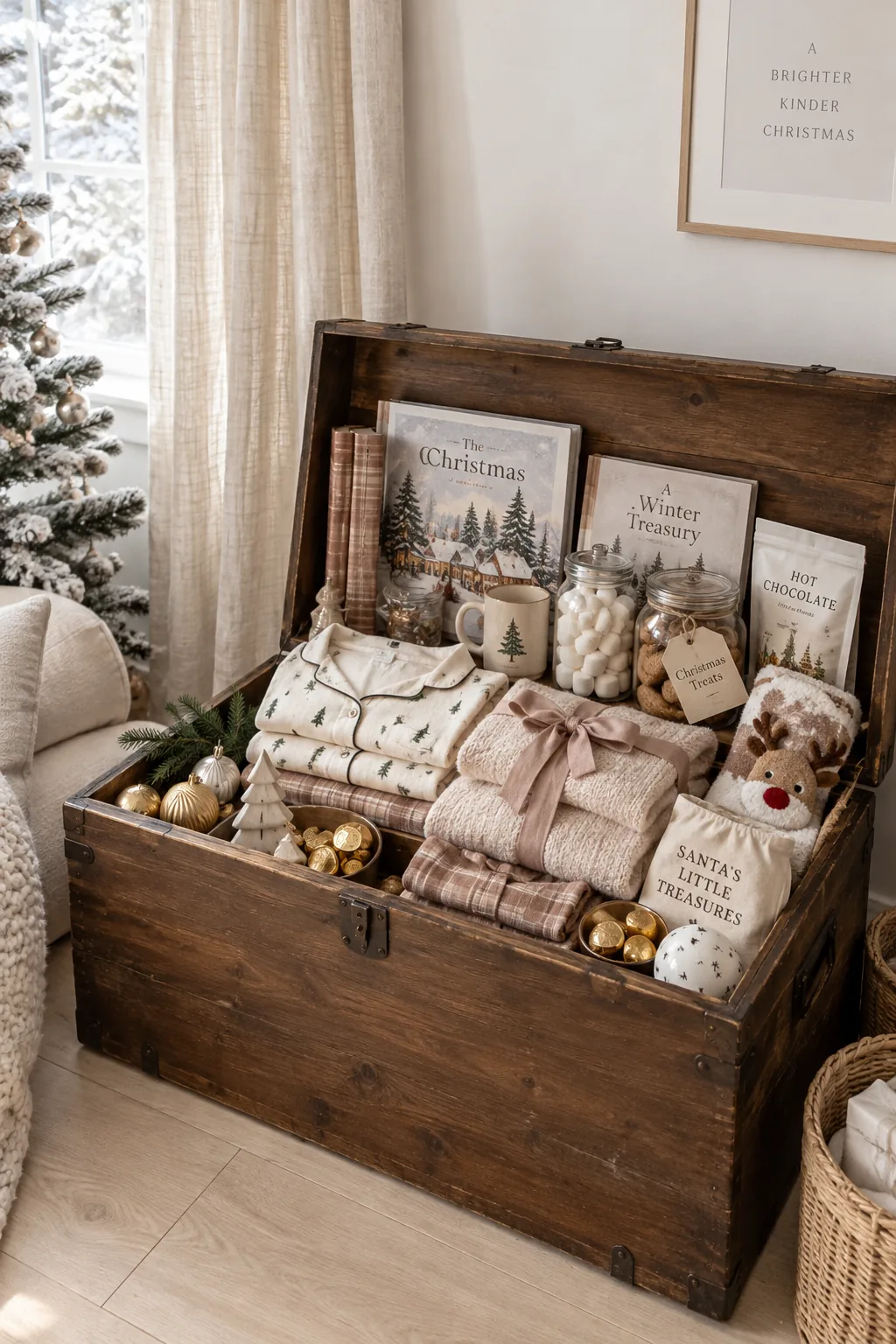 Deep wooden chest with layered gifts, pajamas, and treats