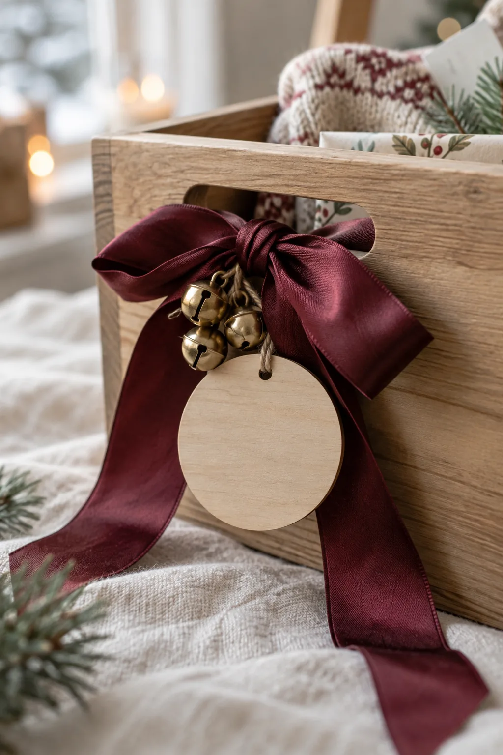 Large wooden tag tied to a crate with burgundy ribbon and bells