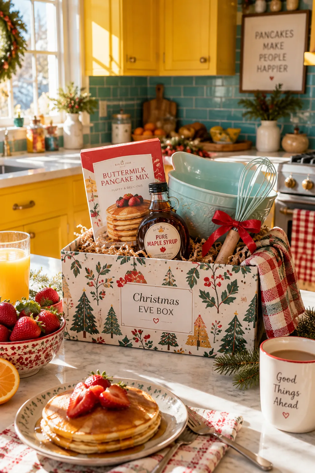 Box filled with pancake mix, maple syrup, and a whisk