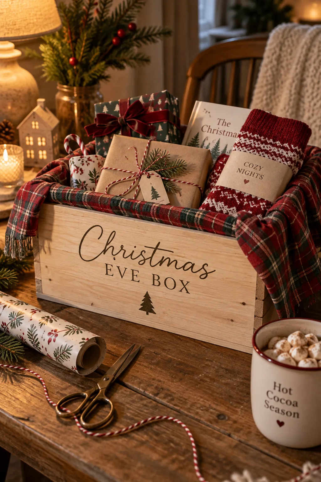Wooden crate lined with red plaid fabric
