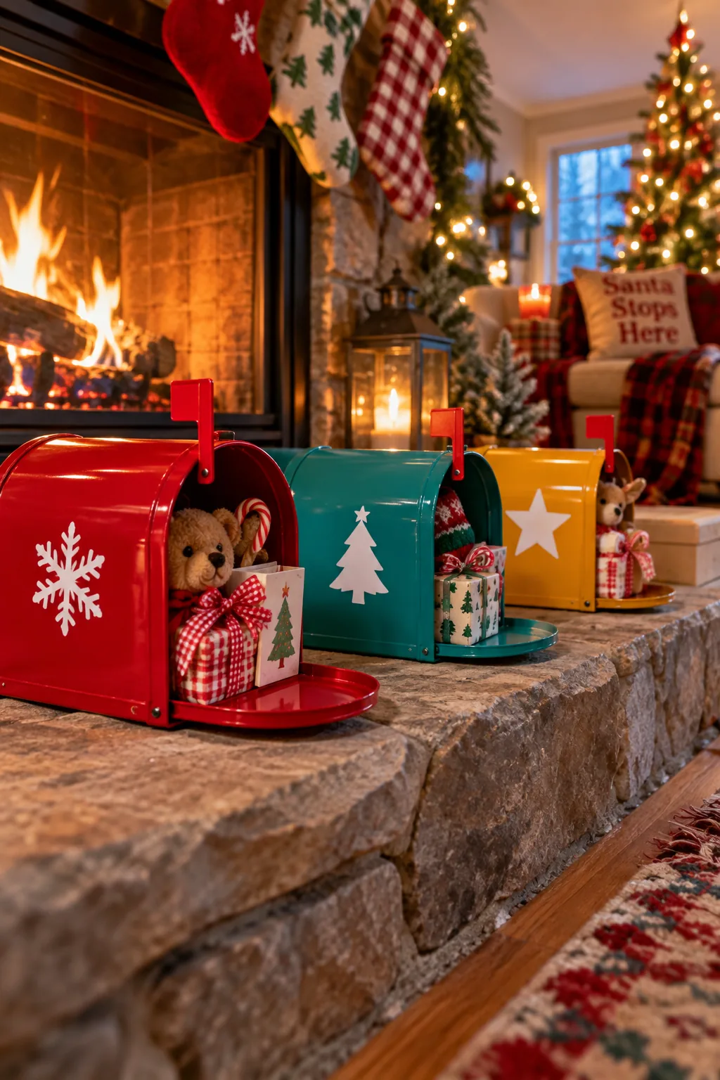 Three miniature tin mailboxes customized with vinyl names
