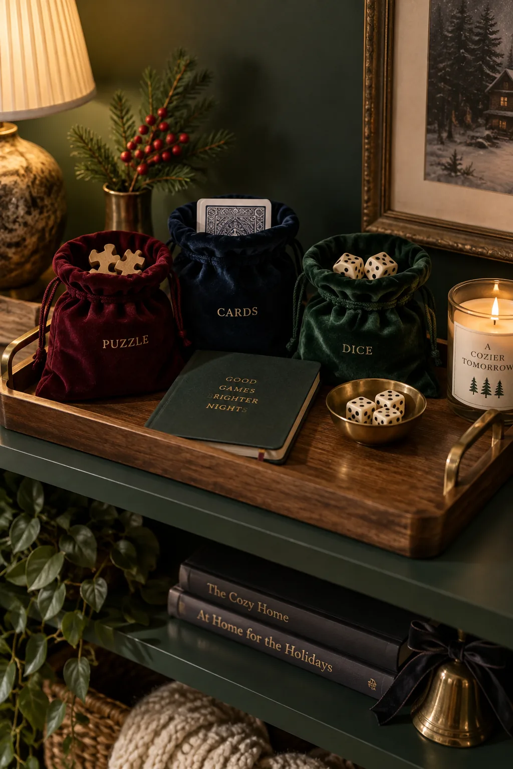 Wooden tray holding card games and dominoes in velvet pouches