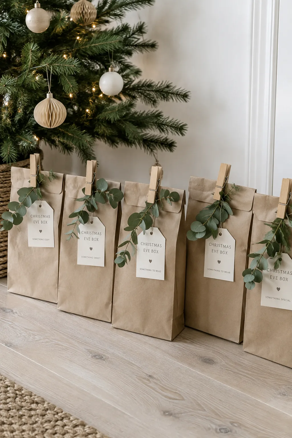 Row of kraft paper bags clipped with wooden clothespins and greenery