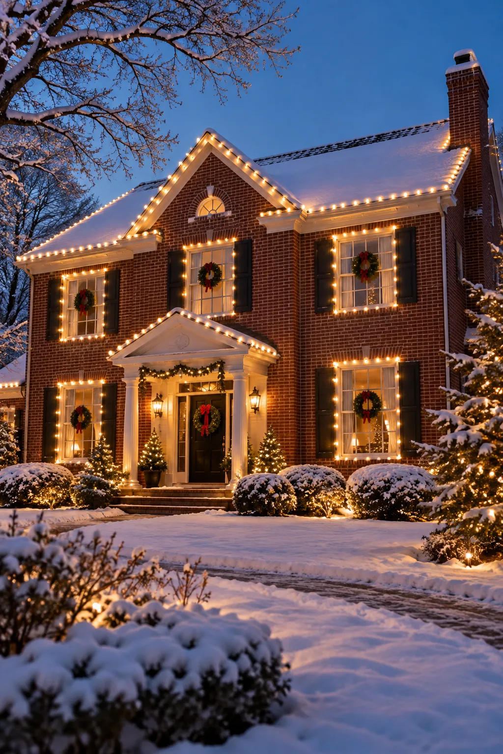 Traditional red brick colonial home decorated with warm white C9 Christmas lights.